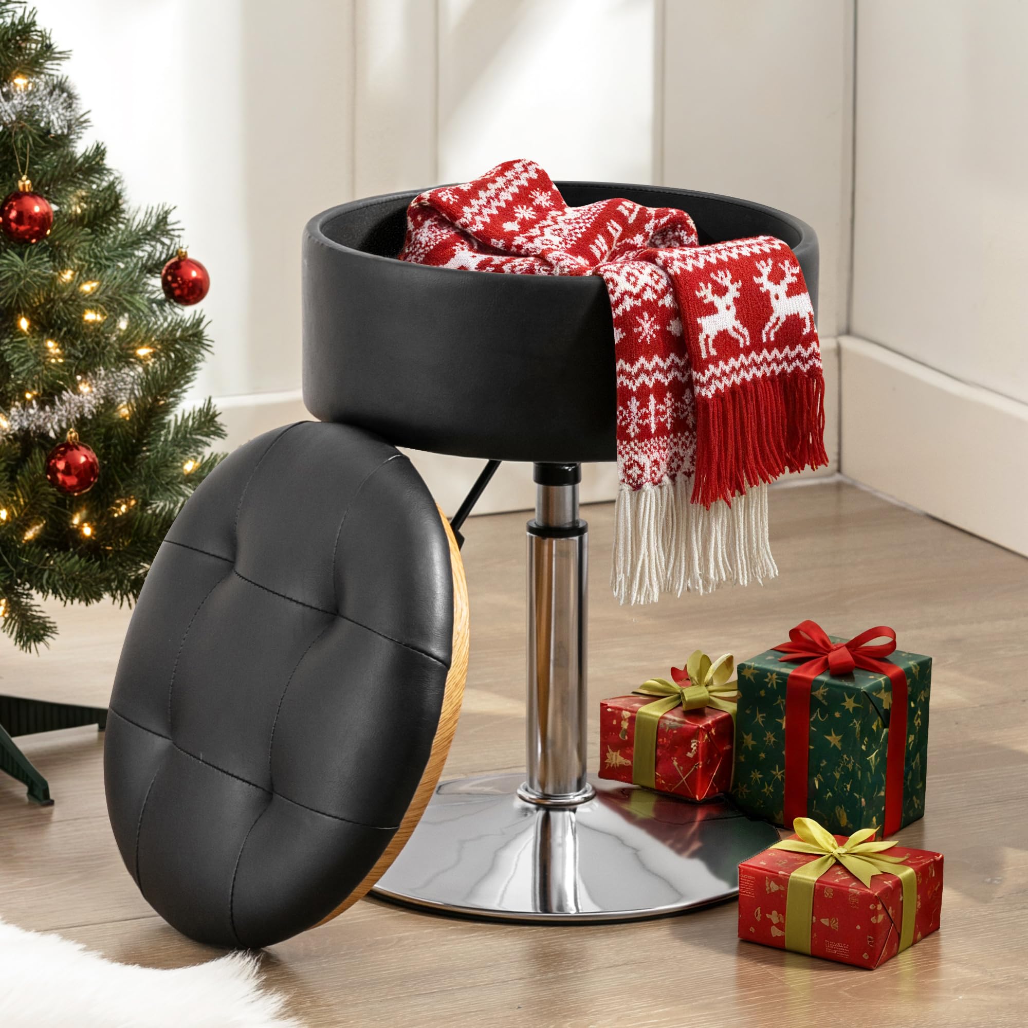 LUE BONA Adjustable Vanity Stool, Round Leather Storage Vanity Chair for Makeup Room, Tufted Swivel Makeup Chair Makeup Stool Ottoman for Bathroom, Living Room( Black)