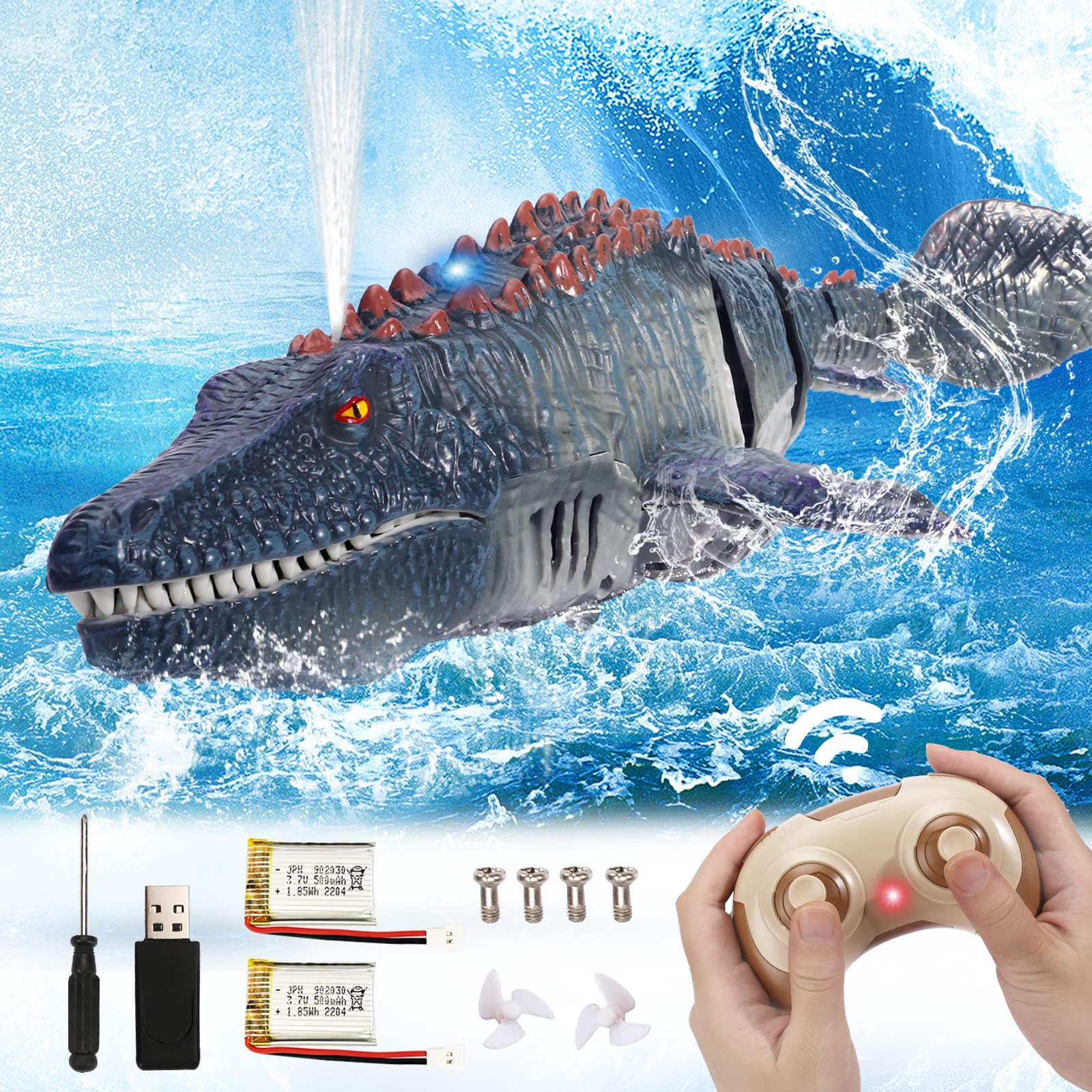 QDRAGON Remote Control Dinosaur Pool Toys for Kids Ages 4-8 5-7 8-12, RC Mosasaurus Boat Shark Toys with Spray Water/Light/One-Key Demo/2 Rechargeble Batteries, for Indoor Outdoor Ideal