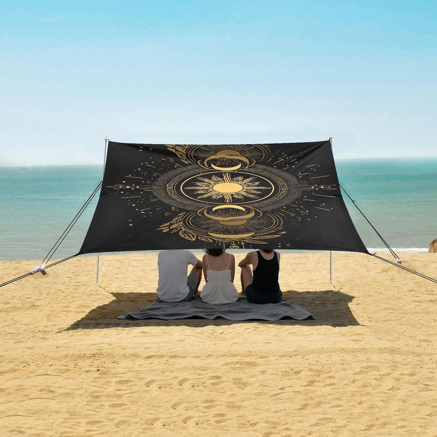ALAZA Golden Sun Moon Astrology Beach Tent Sun Shelter UPF50+ Protection Beach Shade Canopy w/ 4 Sandbags for Outdoor Camping, Fishing, Backyard Fun, Picnic, 10x9 ft