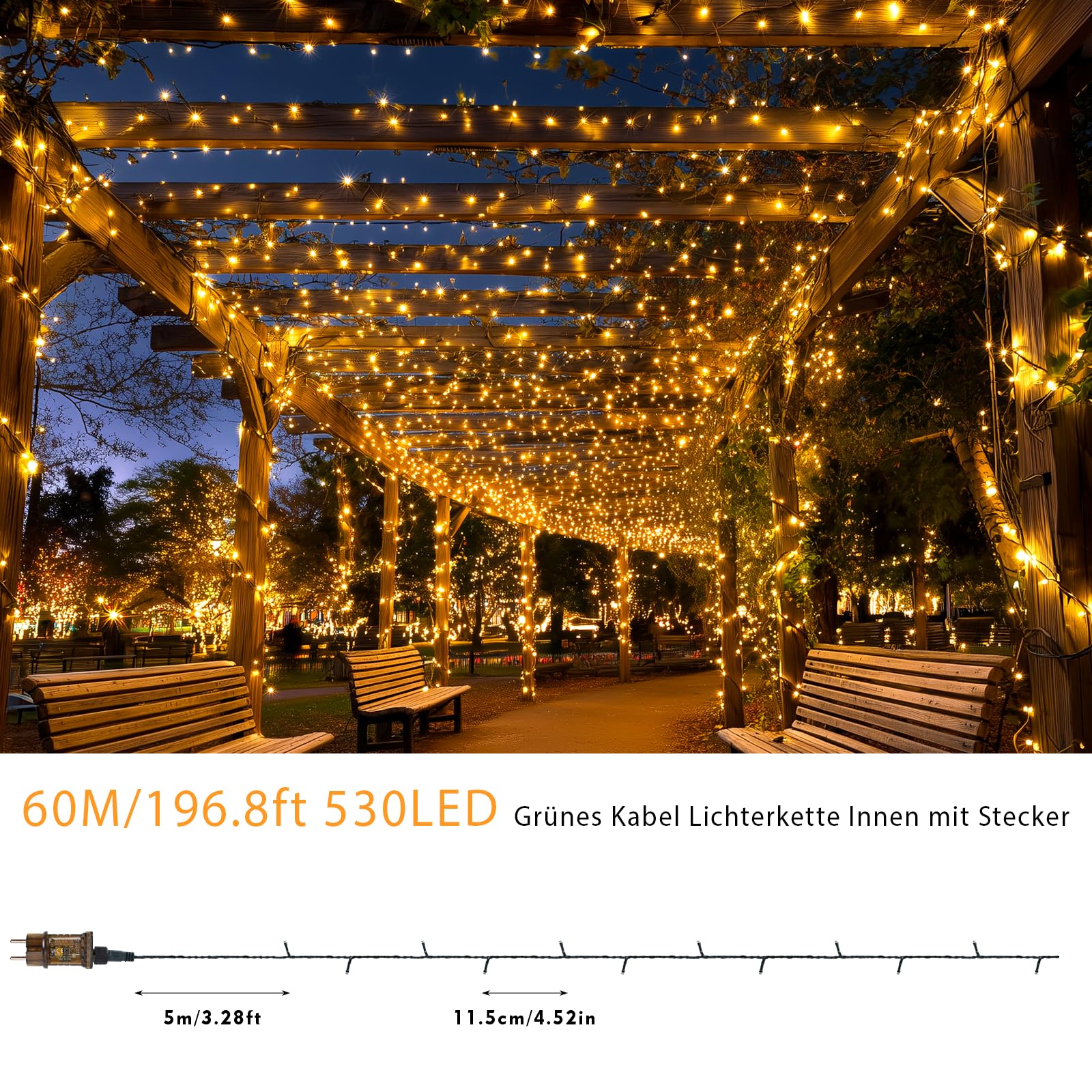 Lichterkette Außen, 60m 530LED Lichterkette Weihnachtsbaum mit Fernbedienung Stecker Timer, 8 Modi Wasserdicht Weihnachtsbeleuchtung für Innen Outdoor Party Garten Hochzeit, Warmweiß