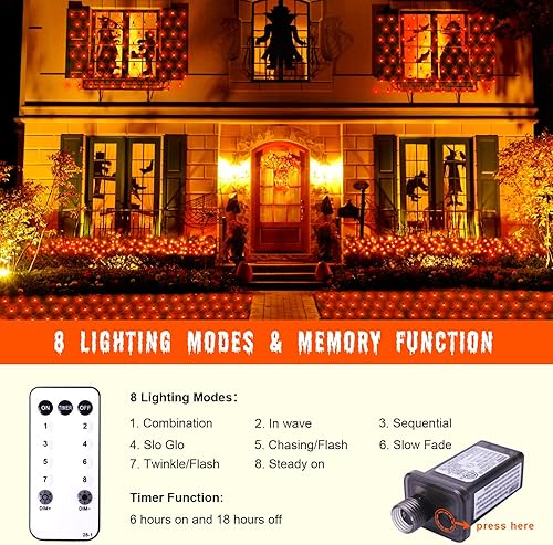 Miniatura 2 de Luces de red naranja impermeables para exteriores, 360 LED con control remoto, 12 x 5 pies, extensibles, 8 modos de luces de Navidad para arbustos