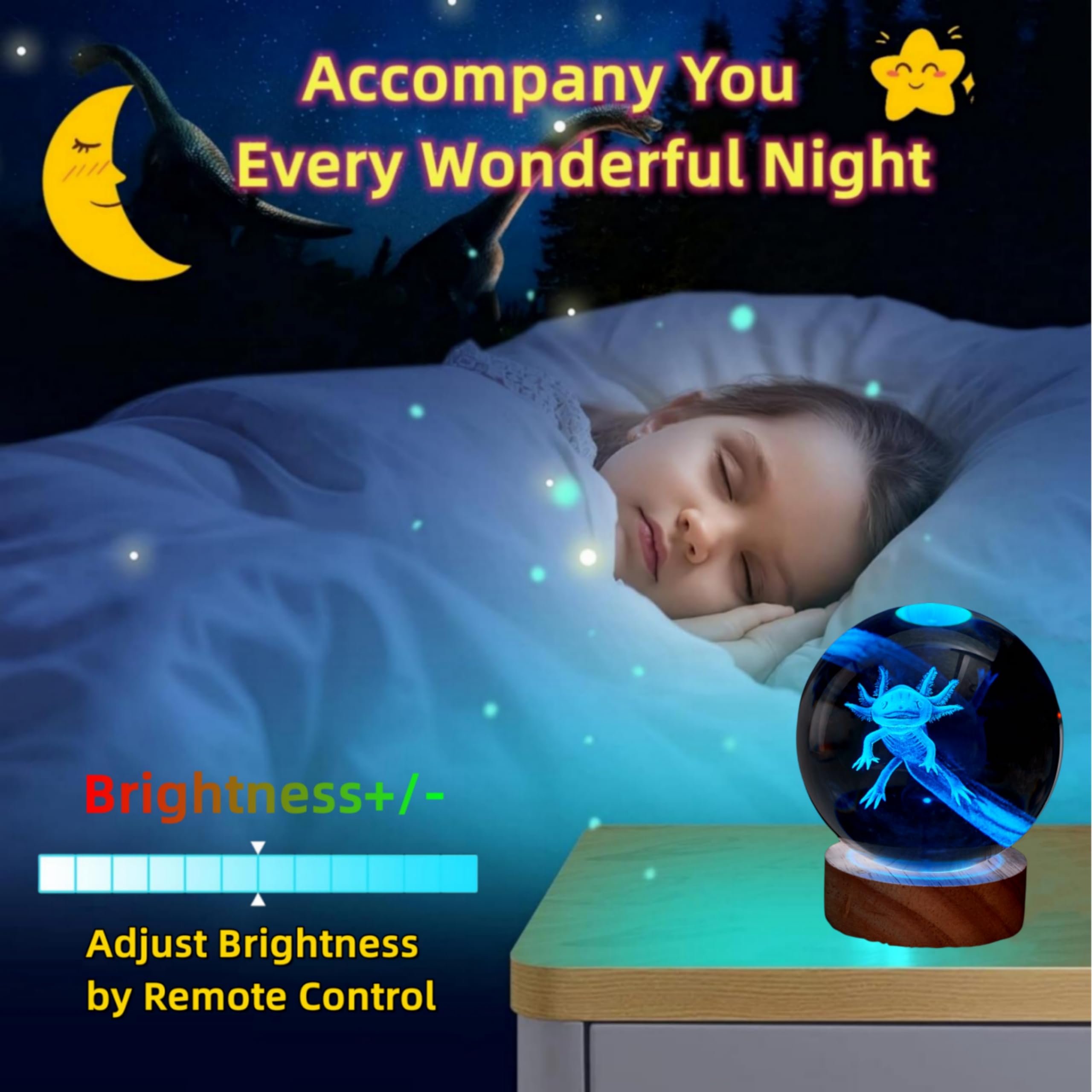 DIGFPWT 3.15 inch Axolotl Crystal Ball Lamp,3D K9 Crystal Ball