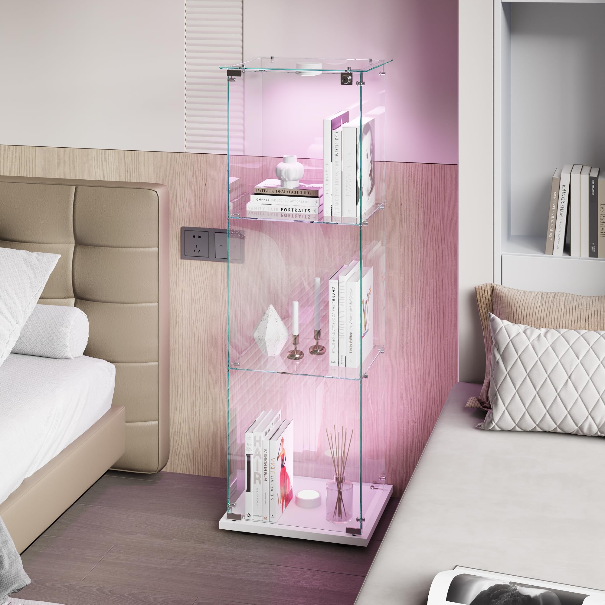 Vetrina in vetro con LED, armadio da collezione moderno con 3 ripiani 1 porta, vetrina da terra per soggiorno, camera da letto, ufficio, 123x40x35cm (bianco + porte singole + luci da pattuglia)