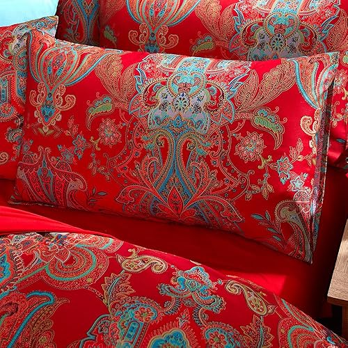 Miniatura 3 de mixinni - Juego de edredón de estampado de cachemira roja tamaño matrimonial, estilo shabby chic, para todas las estaciones, 3 piezas, 1 edredón