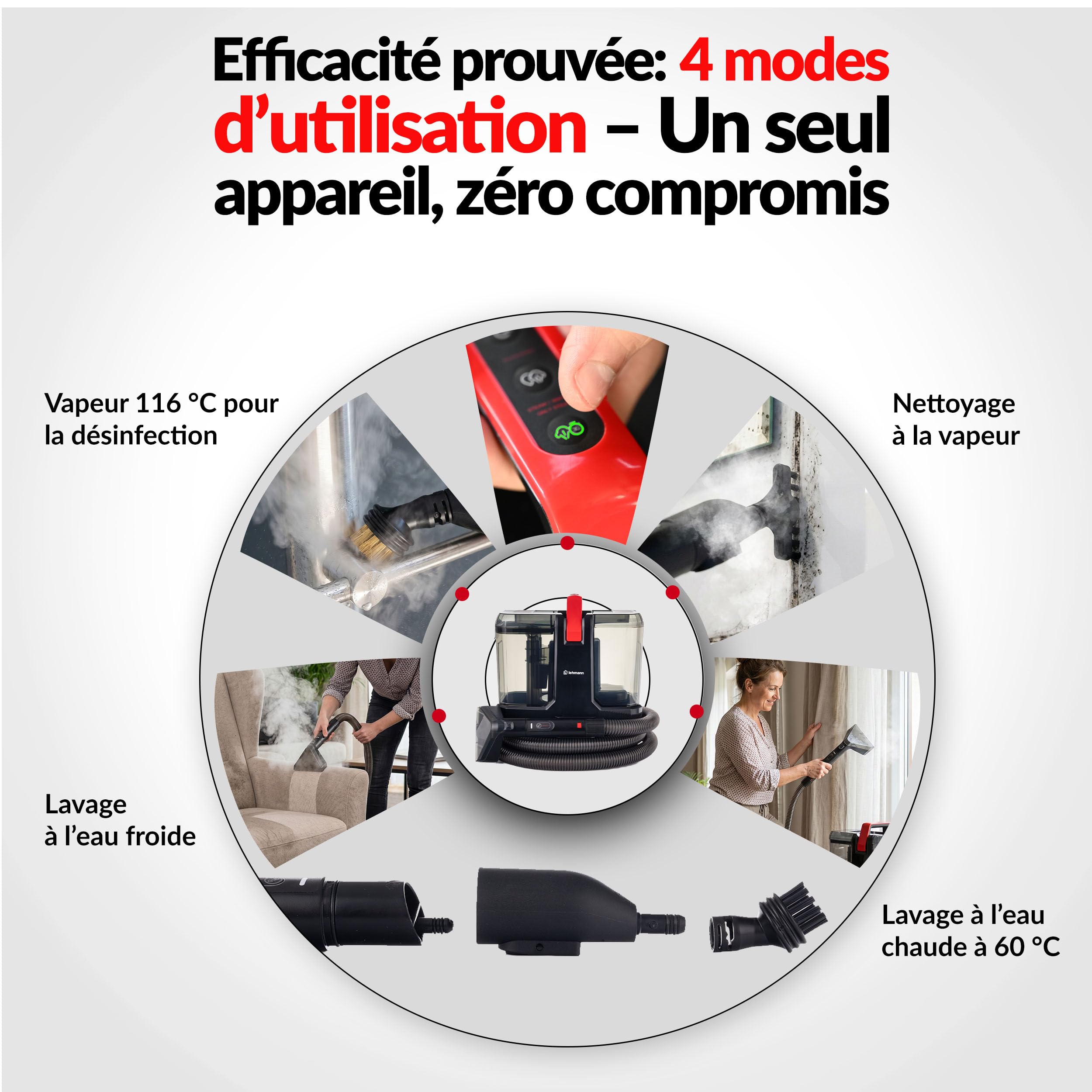 LEHMANN SteamWash 1800 - Nettoyeur Vapeur 4 en 1 & Aspirateur Injecteur Extracteur, Nettoyeur à Main Portable Canapé, Tapis, Voiture, Eau Chaude 60°C, Vapeur 116°C, 16 kPa