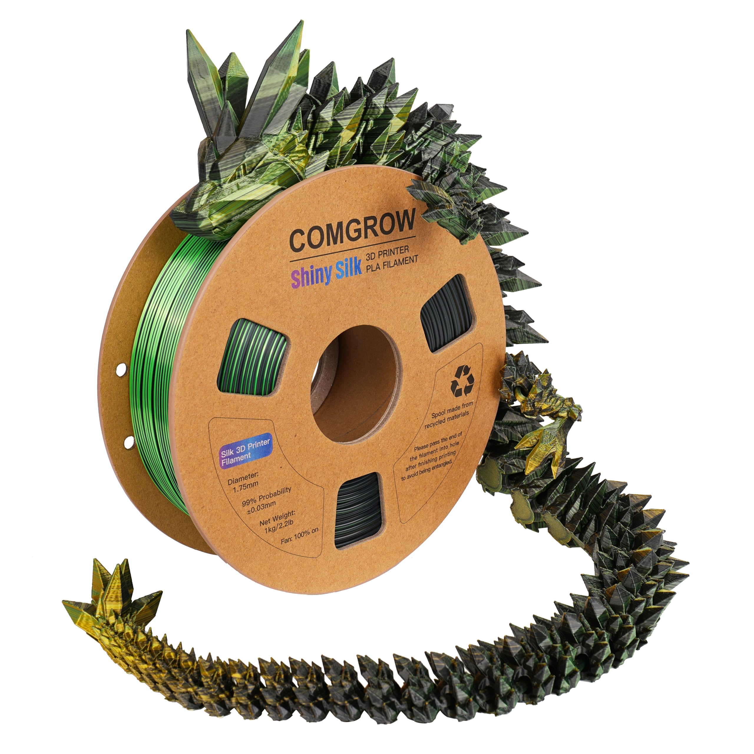 Comgrow Tri-Colors Silk PLA 3D Printer Filament, Rainbow PLA Filament 1.75mm, Dimensional Accuracy +/- 0.02 mm, 1KG Spool, Coextrusion 3D Filament with Shiny Silk Golden-Green-Black