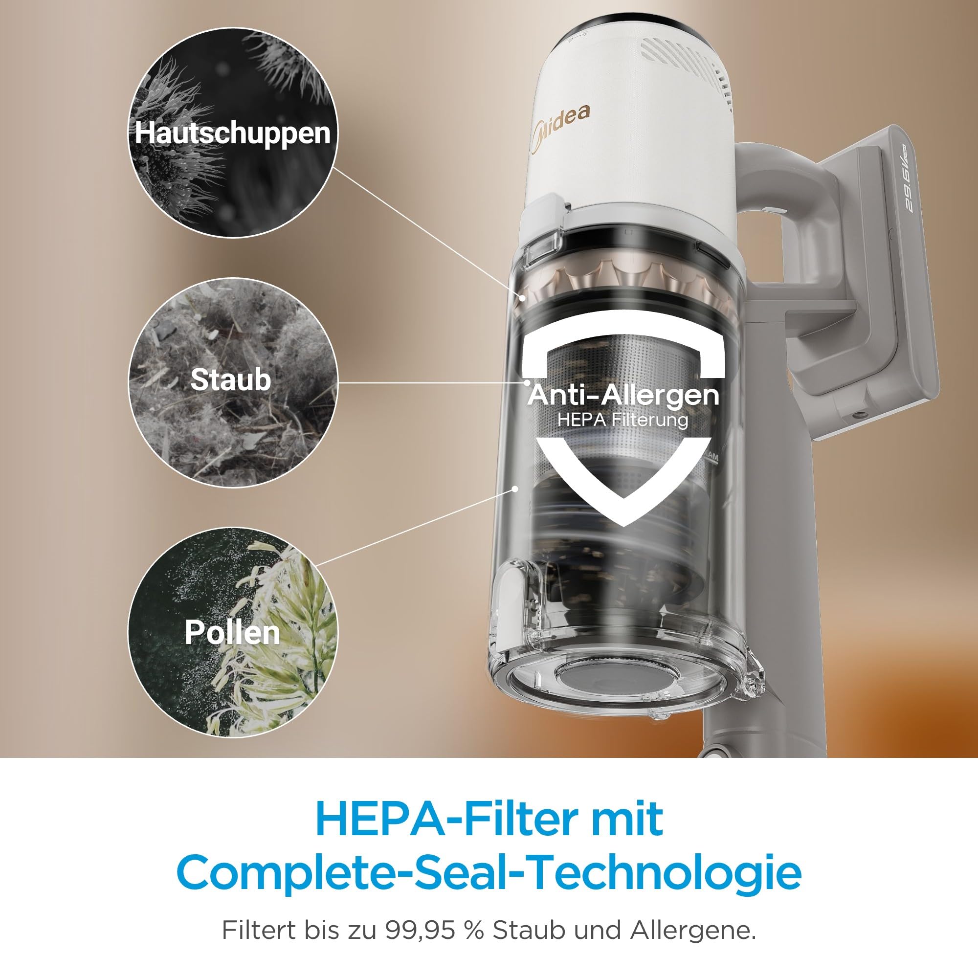 Midea P9 Akku Staubsauger, kabelloser Stielstaubsauger 550 W, bis zu 37 kPa, bis zu 60 Min. Laufzeit, Sense+React, HEPA-Filter, LED-Display, Flexibles Saugrohr, Handstaubsauger, Tierhaare