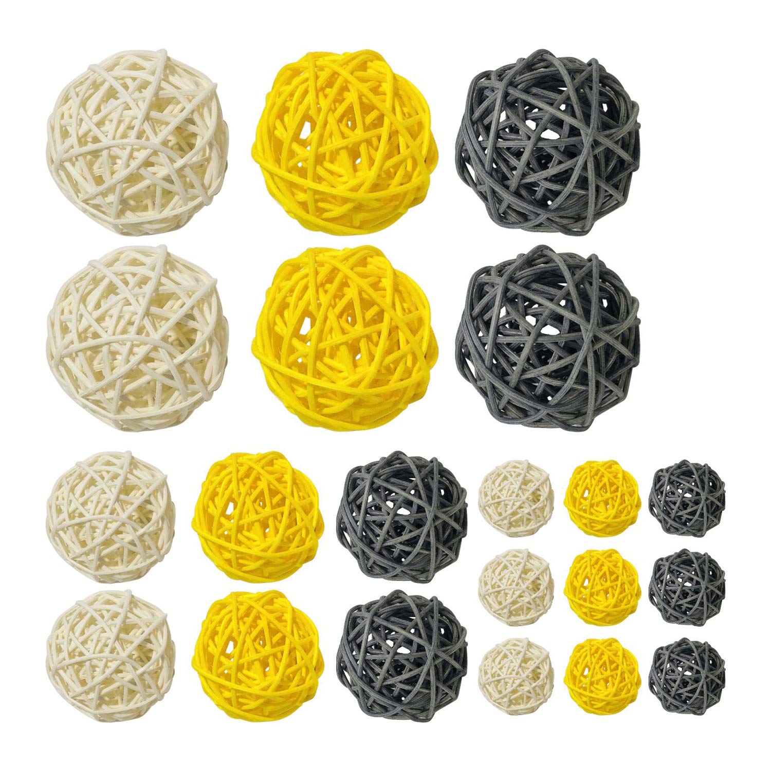 zorpia 21 Pcs/lot Mixed 3 Colors Rattan Wicker Balls Vase Fillers for Wedding Party Christmas Decoration, Assorted Three Size(3cm/5cm/7cm) ((Yellow Gray White))