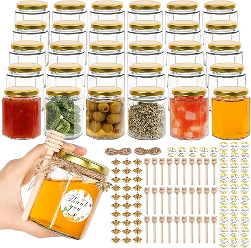 AuroTrends - Tarros pequeños de vidrio de 6 onzas con tapas, paquete de 30 tarros de miel a granel para regalos de baby shower, recuerdos de boda,