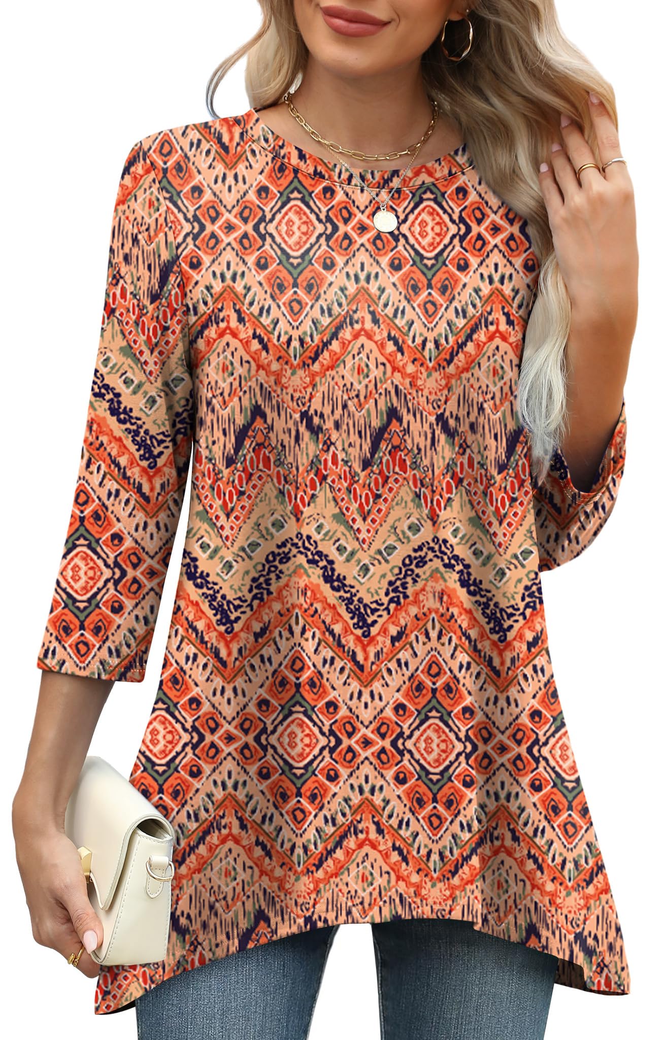 OFEEFAN Tunic Tops for Women Loose Fit Dressy 3/4 Length Sleeve Womens Tops with Asymmetrical Hem S-4XL