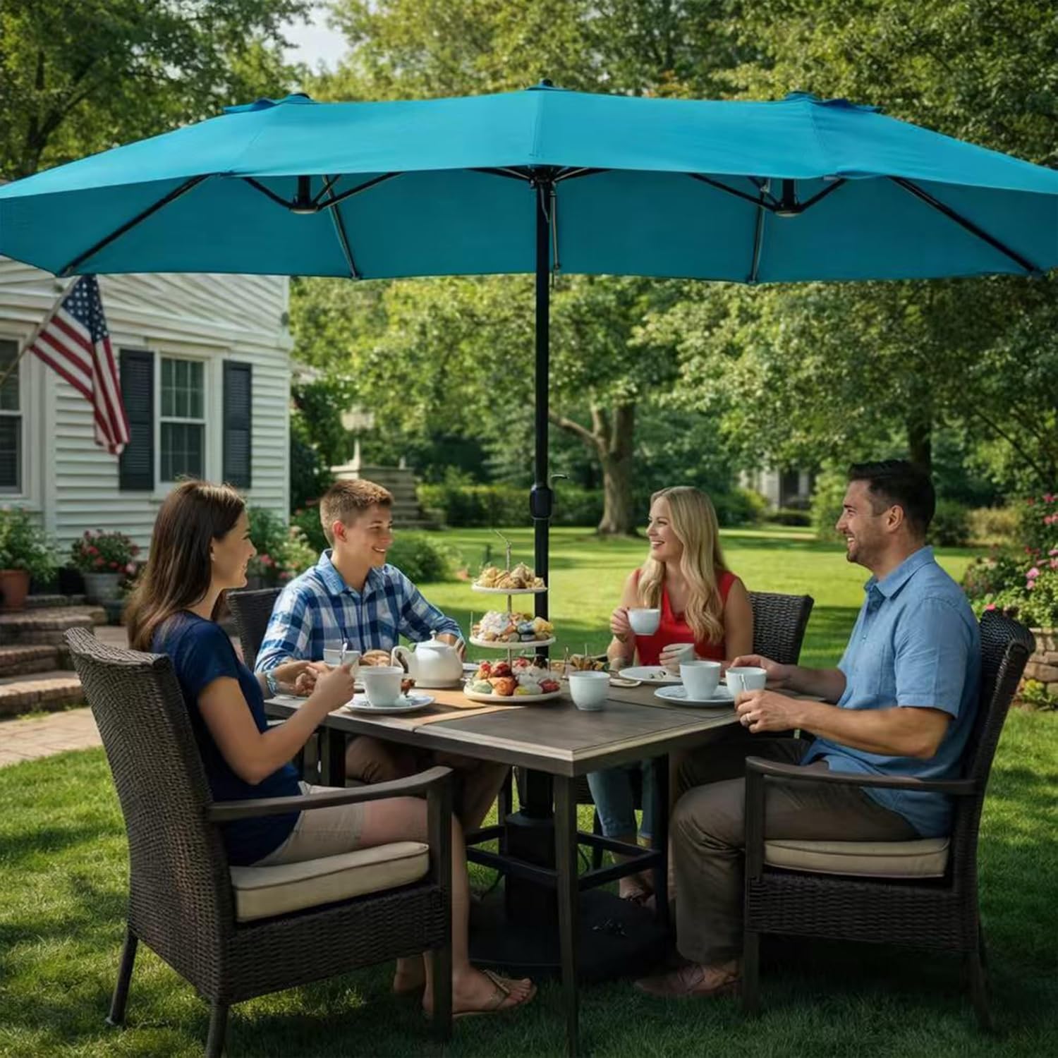Kozyard 15ft Double-Sided Rectangular Patio Umbrella, Base Included, Crank Lift Outdoor Market Umbrella with UV Protection for Backyard, Pool & Garden Blue