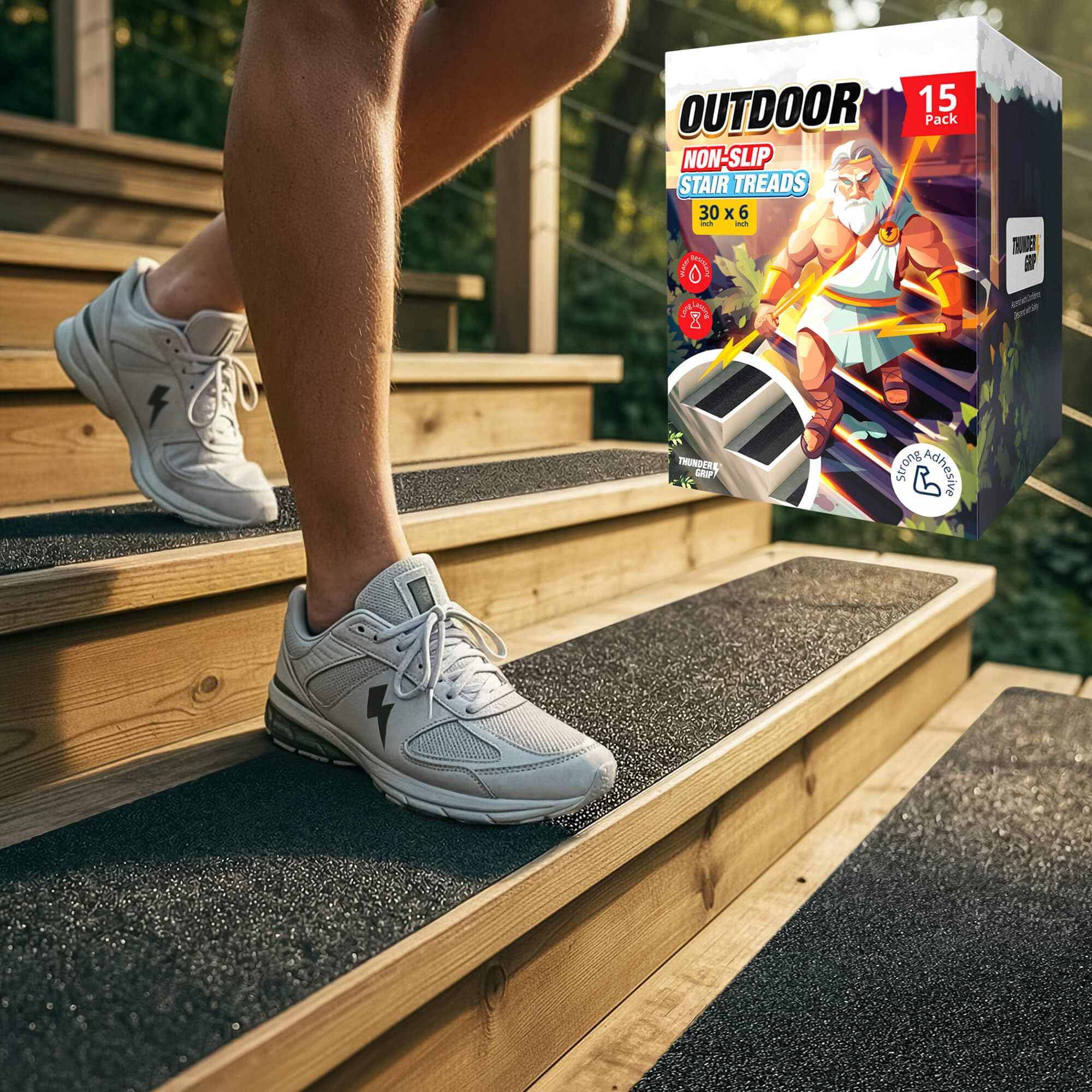 Photo 1 of Thunder Grip Outdoor Stair Treads Non Slip 30" x 6" - 15-Pack Weather Resistant Exterior Grip Tape for Wooden Steps - Anti Skid Strips - Waterproof 80-Grit Adhesive Treads