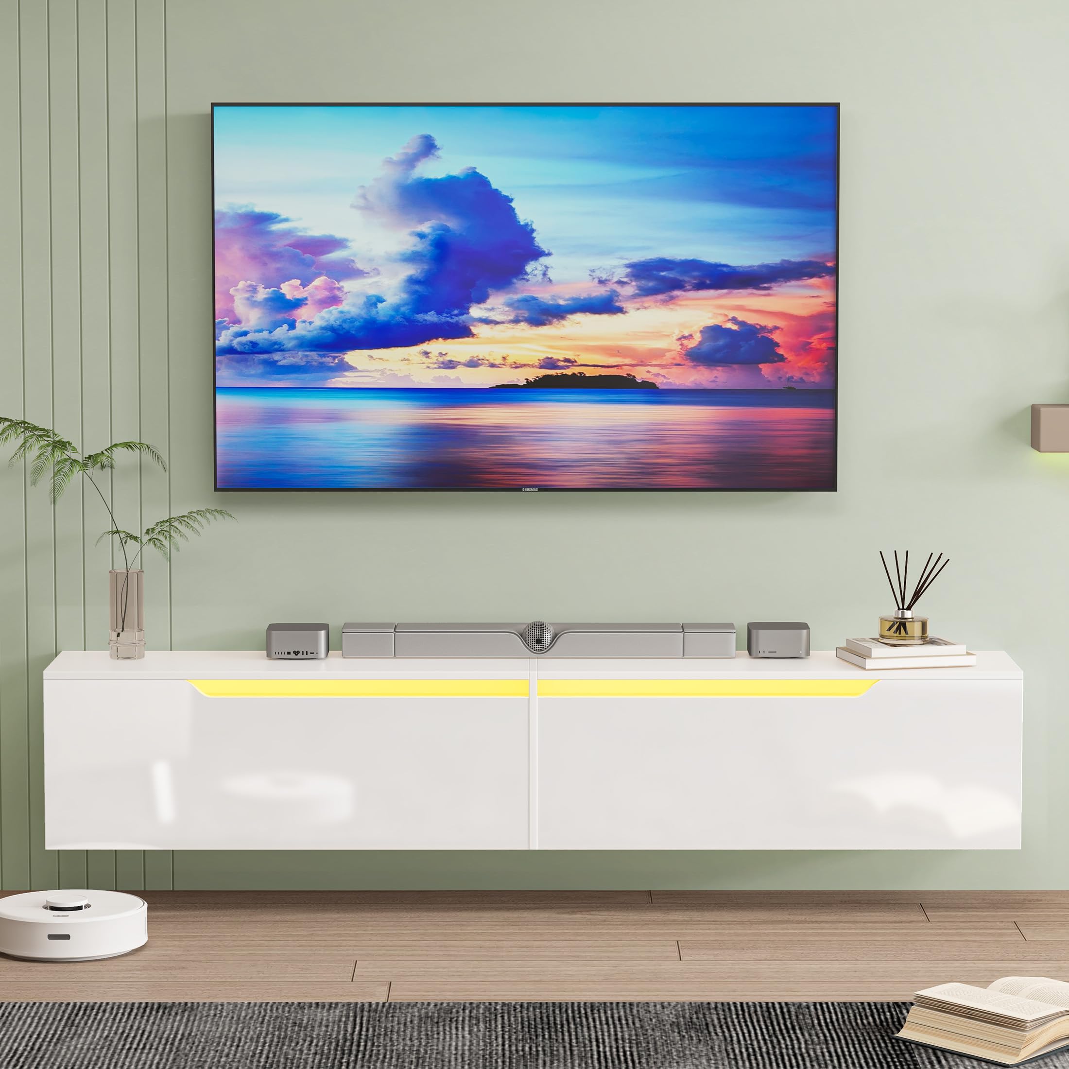 Hängender TV-Schrank mit LED-Leuchten, TV-Ständer TV-Konsole Unterhaltungszentrum mit 2 Aufbewahrungsschränken für das Wohnzimmer, 16 Farben können eingestellt Werden, 175 x 32 x 30cm (Weiß)