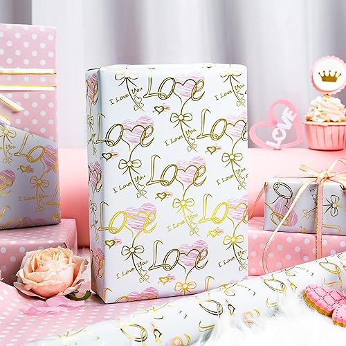 Miniatura 4 de Yarcony Papel de regalo reversible de boda, papel de regalo con temática de corazón, estampado creativo de amor y lazo, envoltura de regalo para el