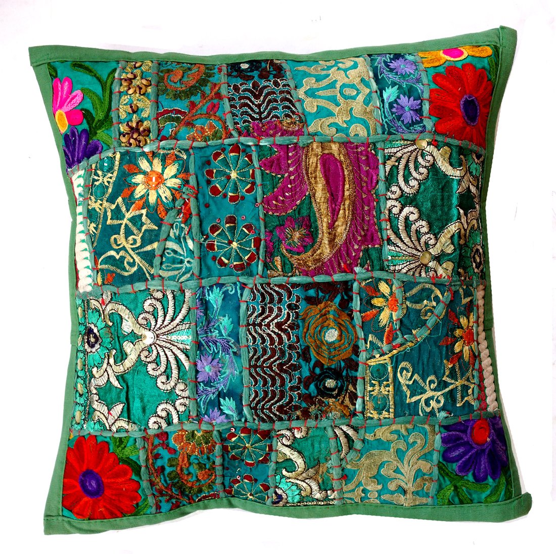 Rastogi Handicrafts Handmade Patchwork Cushion Pillow, Sari Patch Throw Pillow Indian Ethnic Pillow Covers Embroidered Sari Patchwork Cushion Cover (Green)
