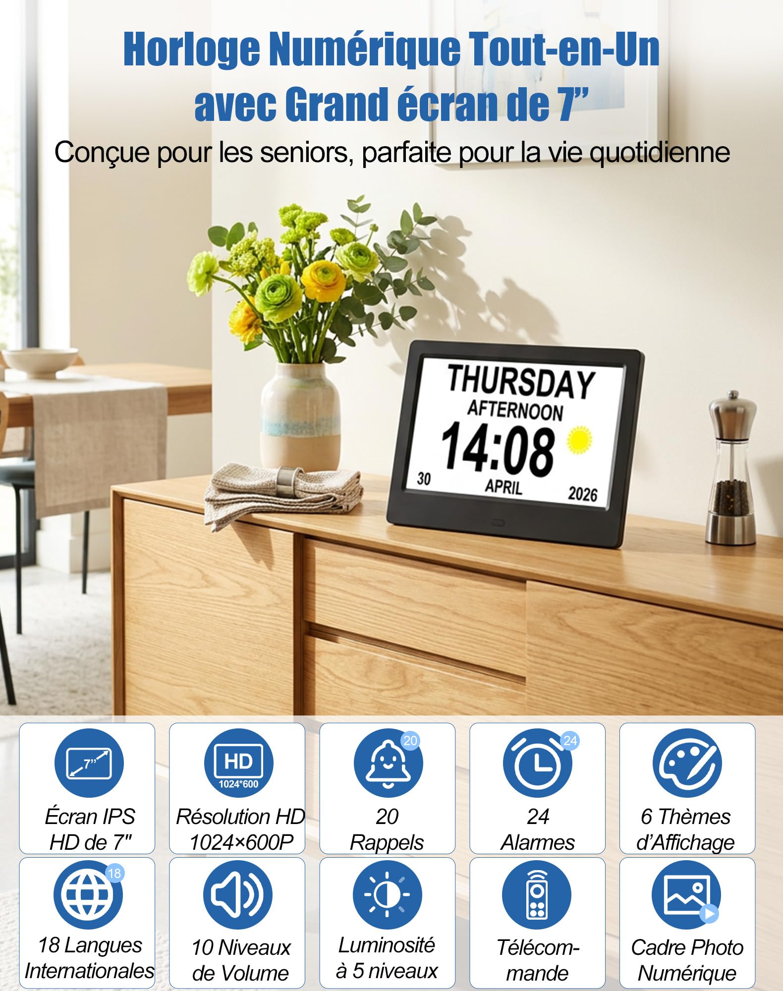 jely 7" Horloge Numérique avec Télécommande, Calendrier Électronique avec Date Jour Heure, 24 Alarmes pour Seniors, 5 Niveaux de Luminosité, Cadeau Personnes Âgées