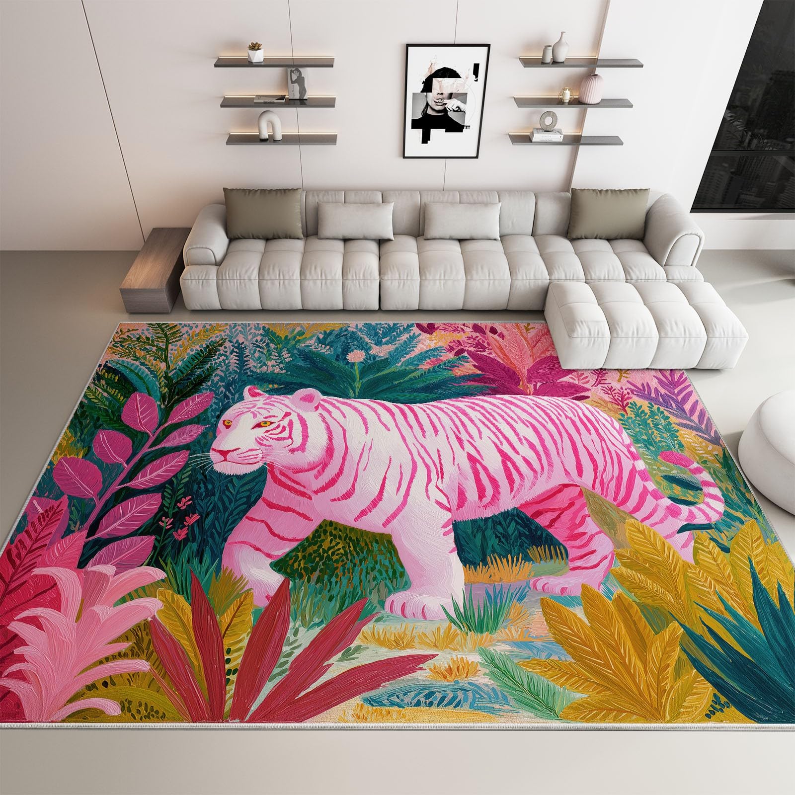 Tapis Salon Lavable Animaux des Prairies Tigre 80x150cm Tapis Chambre Poils Courts Doux Antidérapant pour Salon, Entrée, Chambre et Chambre Bébé