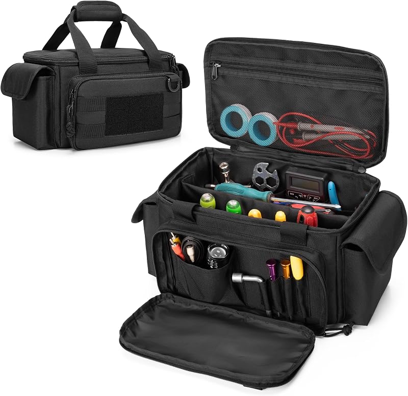Rexmica Small Tool Bag Tool Storage Organizer Tactical Range Bag, Black | Anti-friction, Padded Bottom, Accessory Pocket Slot, Multi-functional Work Bag for Men, Repairman, Electrician, Carpenter