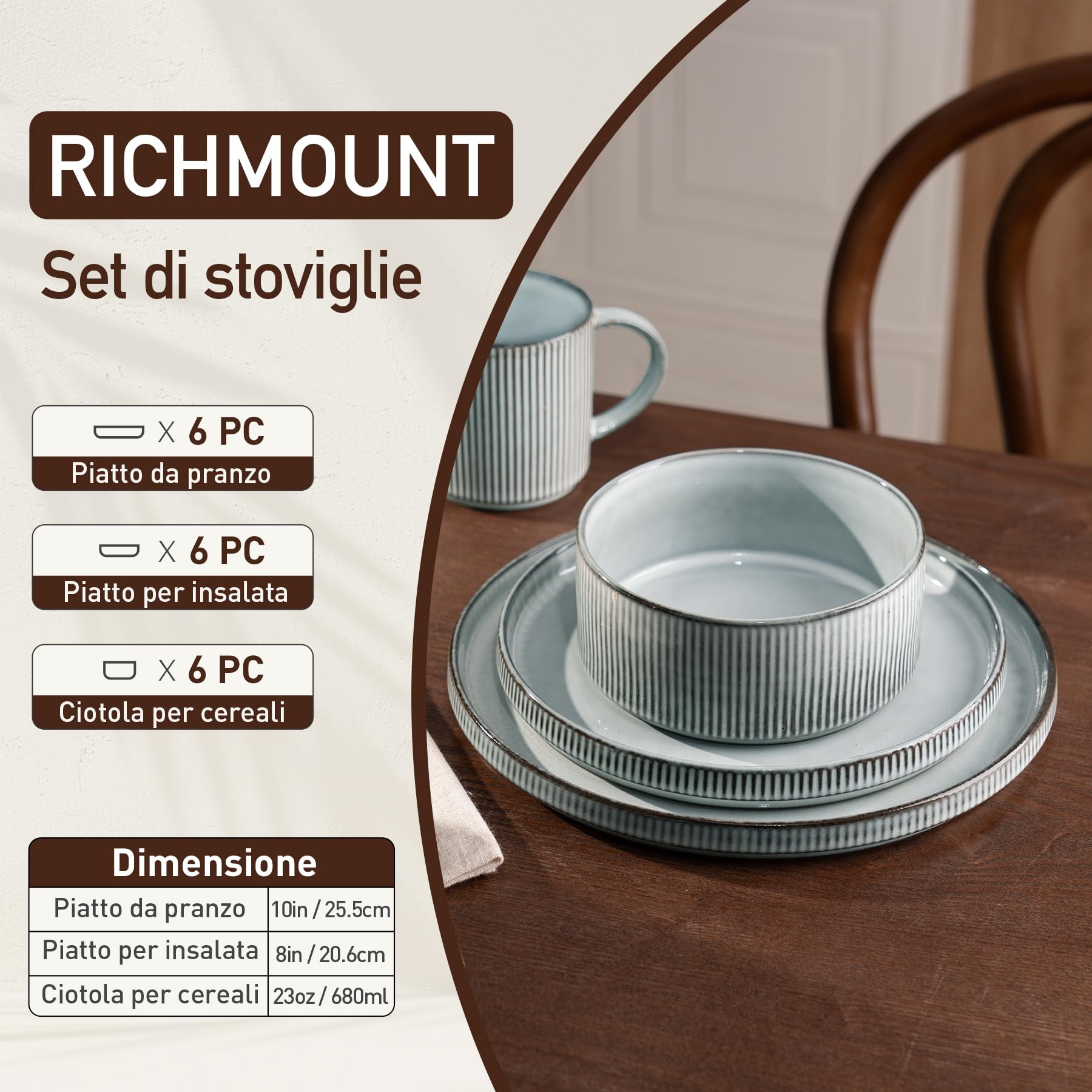 Vasellame Richmount Star da 18 pezzi, vasellame da 6 pezzi, vasellame di terracotta, vasellame che non si graffia, adatto al microonde e alla lavastoviglie, Blu fumé