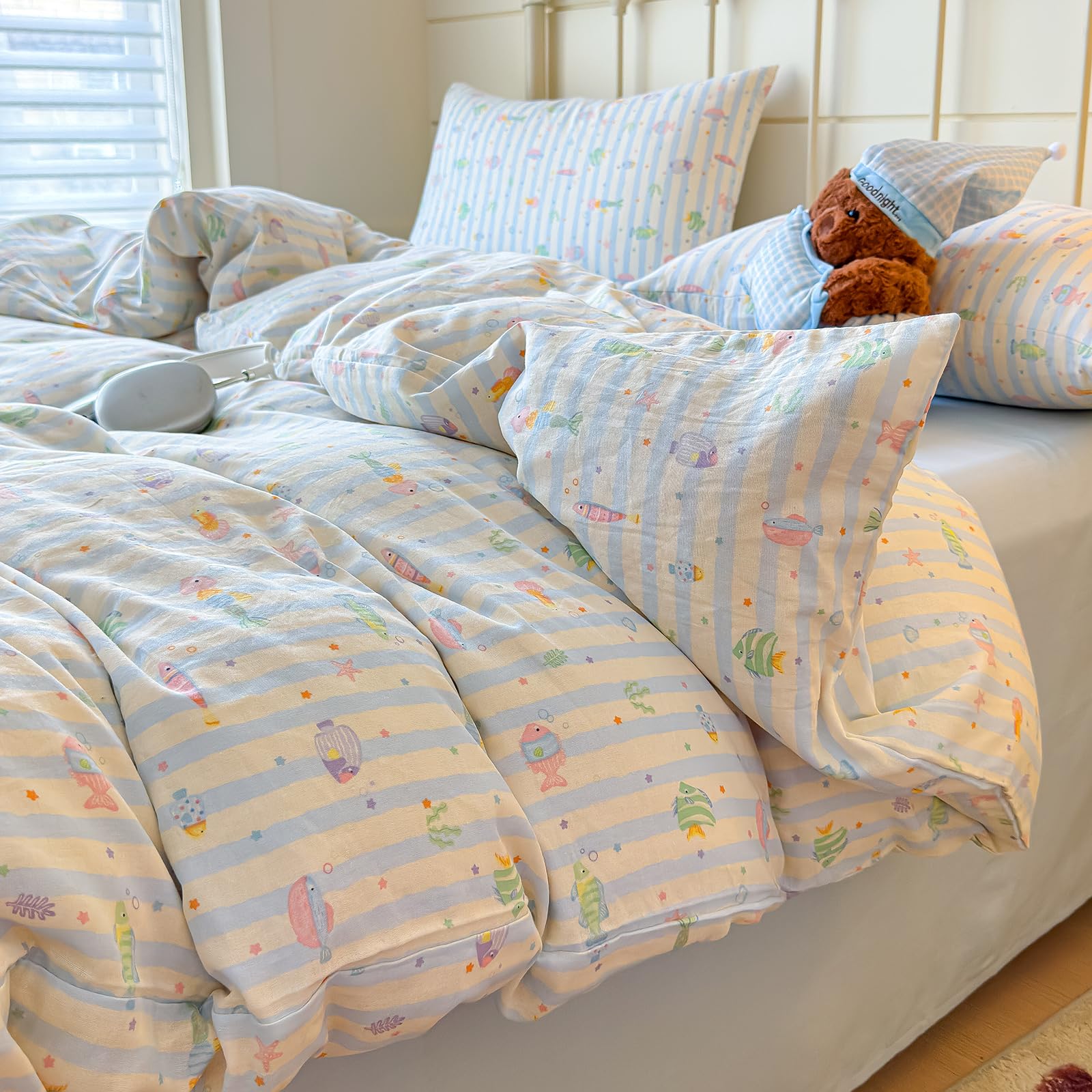 VM VOUGEMARKET Cute Fish Duvet Cover Set Queen,Blue Striped