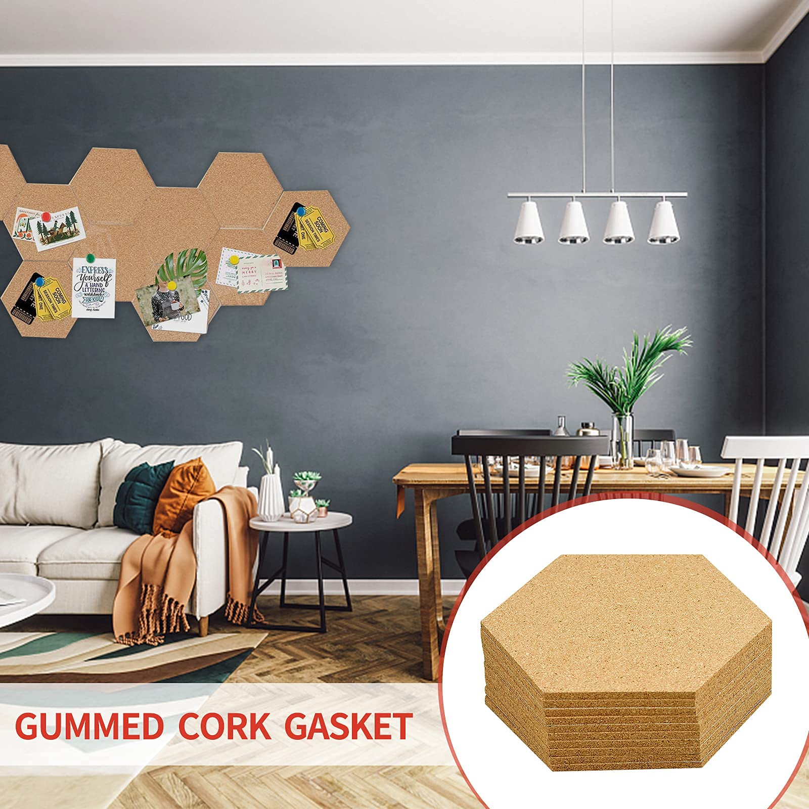 10 paneles de corcho autoadhesivos, tablón de anuncios de corcho hexagonal con 20 chinchetas para colgar fotos, decoración de pared