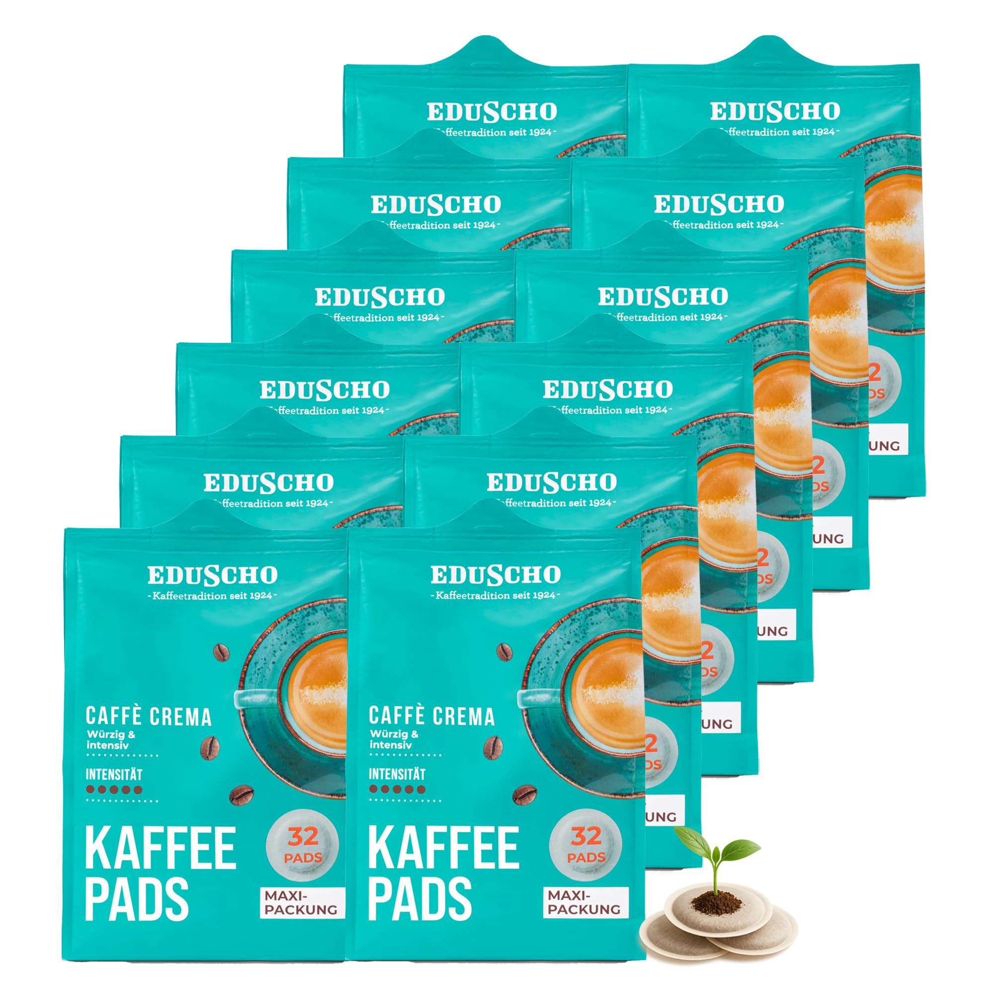 Eduscho Kaffeepads Vorratspack Maxi Packung, Caffè Crema, 384 Pads – 12 x 32 Pads, würzig, intensiv, für alle Pad Maschinen, industriell kompostierbar