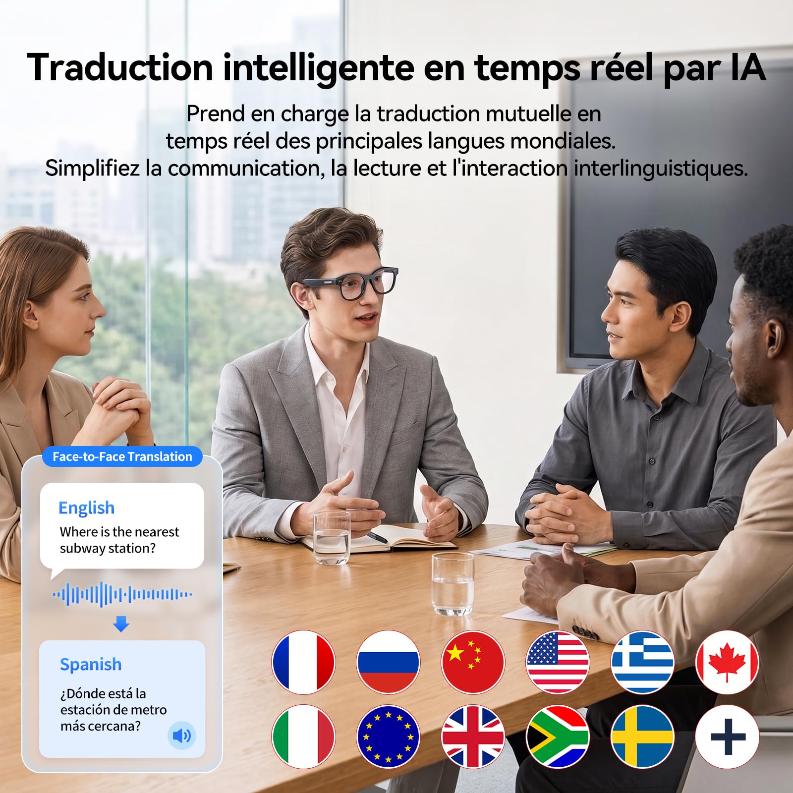 Lunettes Intelligentes AI, Lunettes de Traduction, Verres 3 Couleurs Interchangeables, Protection UV, Appareil Photo HD avec Flash LED, Assistant Vocal, pour Courir, Rouler, Réunion d'affaires