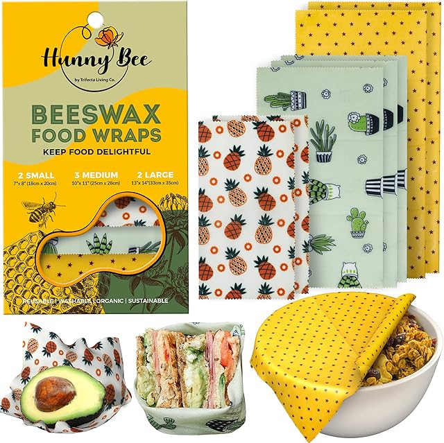 HUNNYBEEE Beeswax Wrap - (7 Packs) Sustainable Products | Beeswax Paper Food Wrap | Reusable Kitchen Products | Reusable Beeswax Food Wrap | Beeswax Wraps for Food | 3 Sizes (S,M,L)