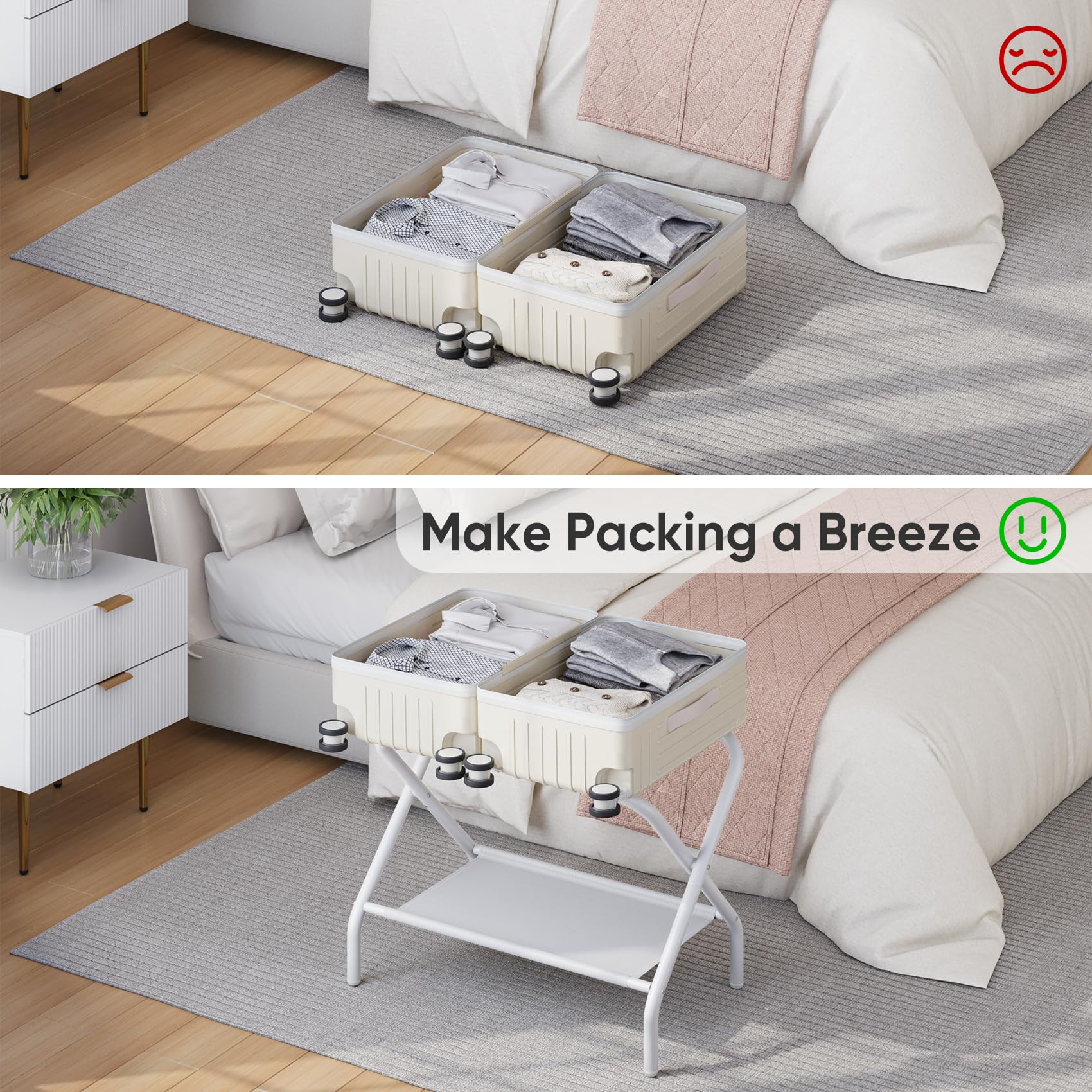 Smart FENDEE Confezione da 2 supporti pieghevoli per valigie con ripiano in tessuto, in acciaio, portatile, per camera degli ospiti, camera da letto, hotel, facile da montare, portata fino a 50 kg,