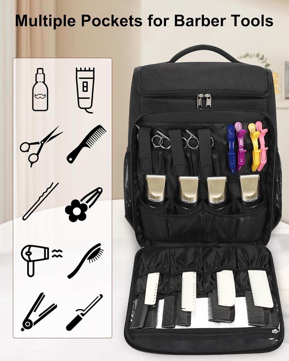 Relavel Barber Bag, Hair Tools Travel Bag, Barber Cases for Clippers and Supplies, Hairstylist Backpack Hairdresser Cosmetology Case for Hair Cutting Tools, Hair Salon Hairdresser Must Haves, Black