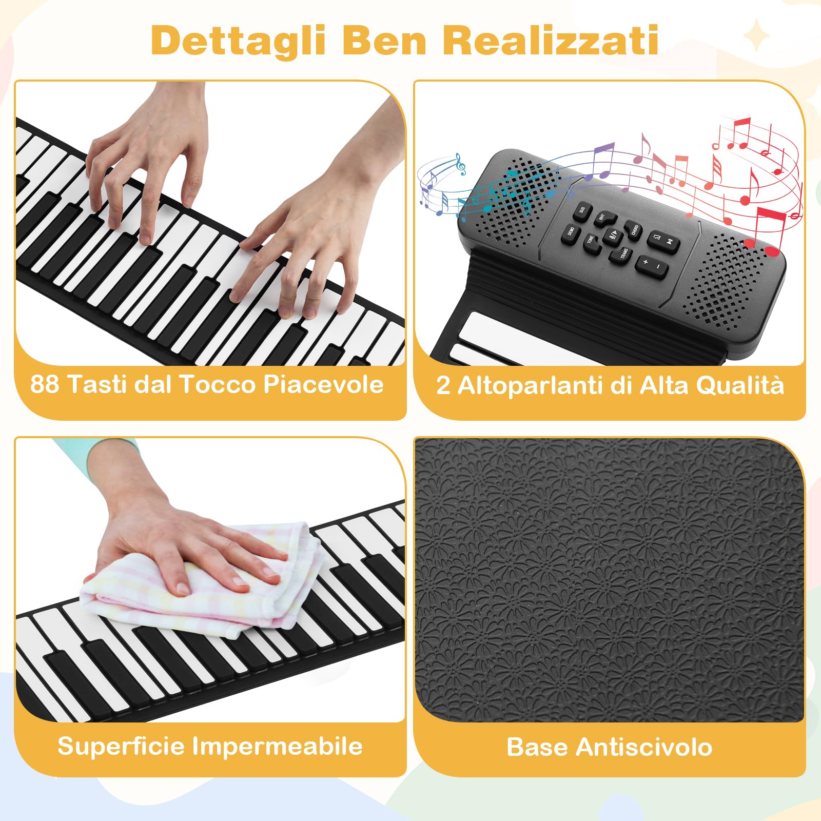 COSTWAY Tastiera Elettrica Arrotolabile a 88 Tasti, Pianoforte Portatile con 128 Ritmi, 128 Suoni e 14 Demo, Pianoforte Digitale Pieghevole con Pedale Sustain, per Principianti Bambini