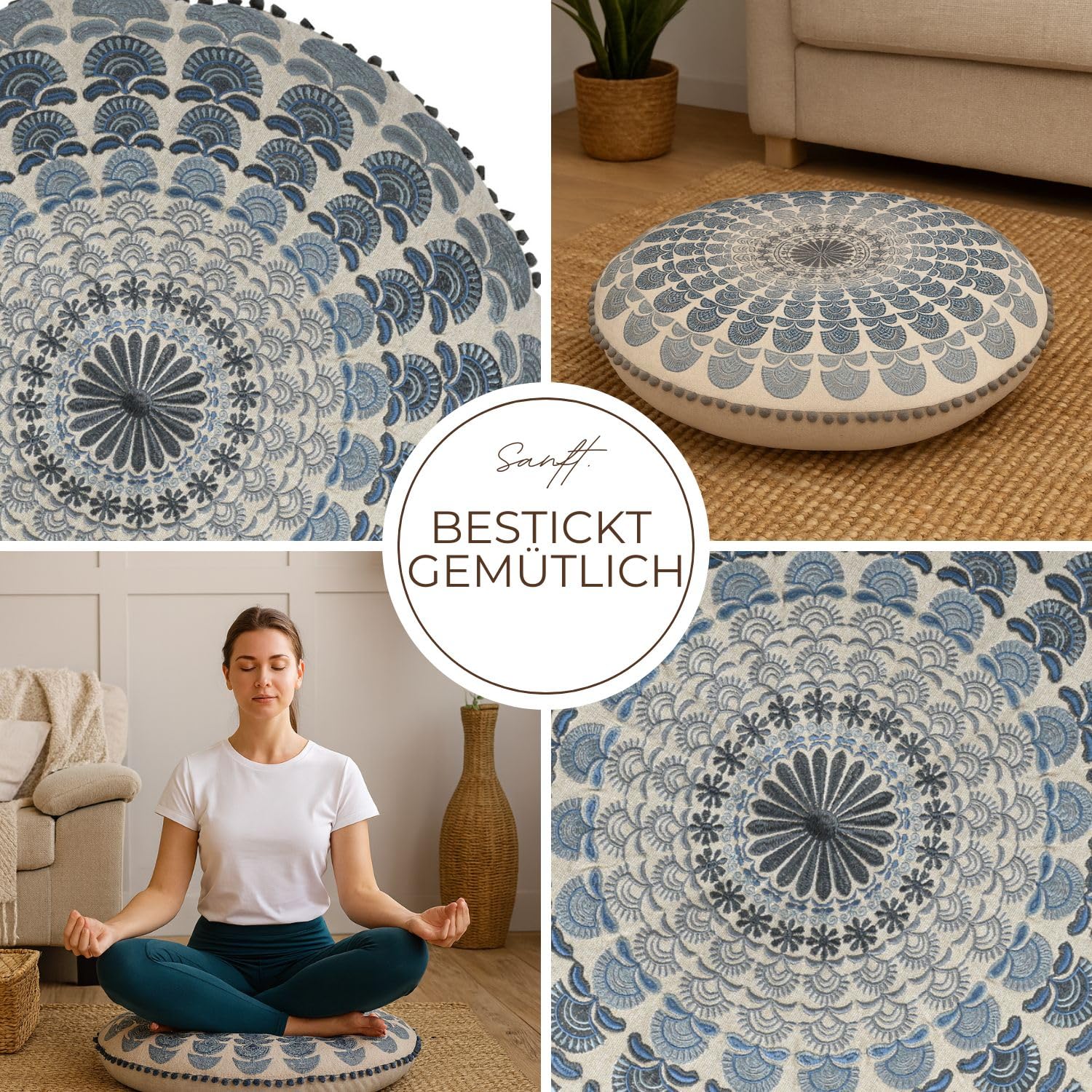 Marrakesch dekoracyjna poduszka na podłogę w stylu boho, okrągła, 60 x 15 cm, z wypełnieniem, poduszka do medytacji, z bawełny, haftowana z motywem mandali, poduszka do jogi w stylu boho do salonu
