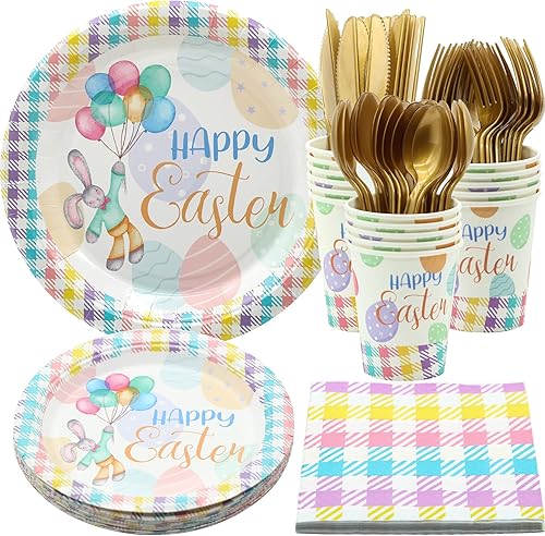 Juego de platos y servilletas de Pascua sirve 16 platos desechables de papel para fiesta de Pascua, vasos, servilletas, cubiertos para decoración de