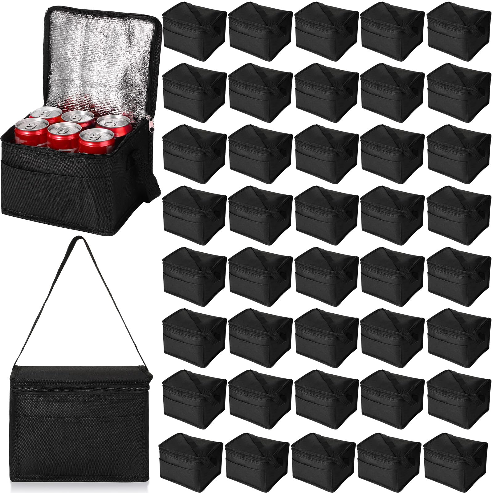 Mifoci 50 Pcs Lunch Bags Bulk Insulated Cooler Bags Reusable Cooler Tote Bags Leakproof Thermal Black Lunch Boxes Waterproof Lunch Bag Beverage Bag with Strap for Men Women Office Work Picnic Beach