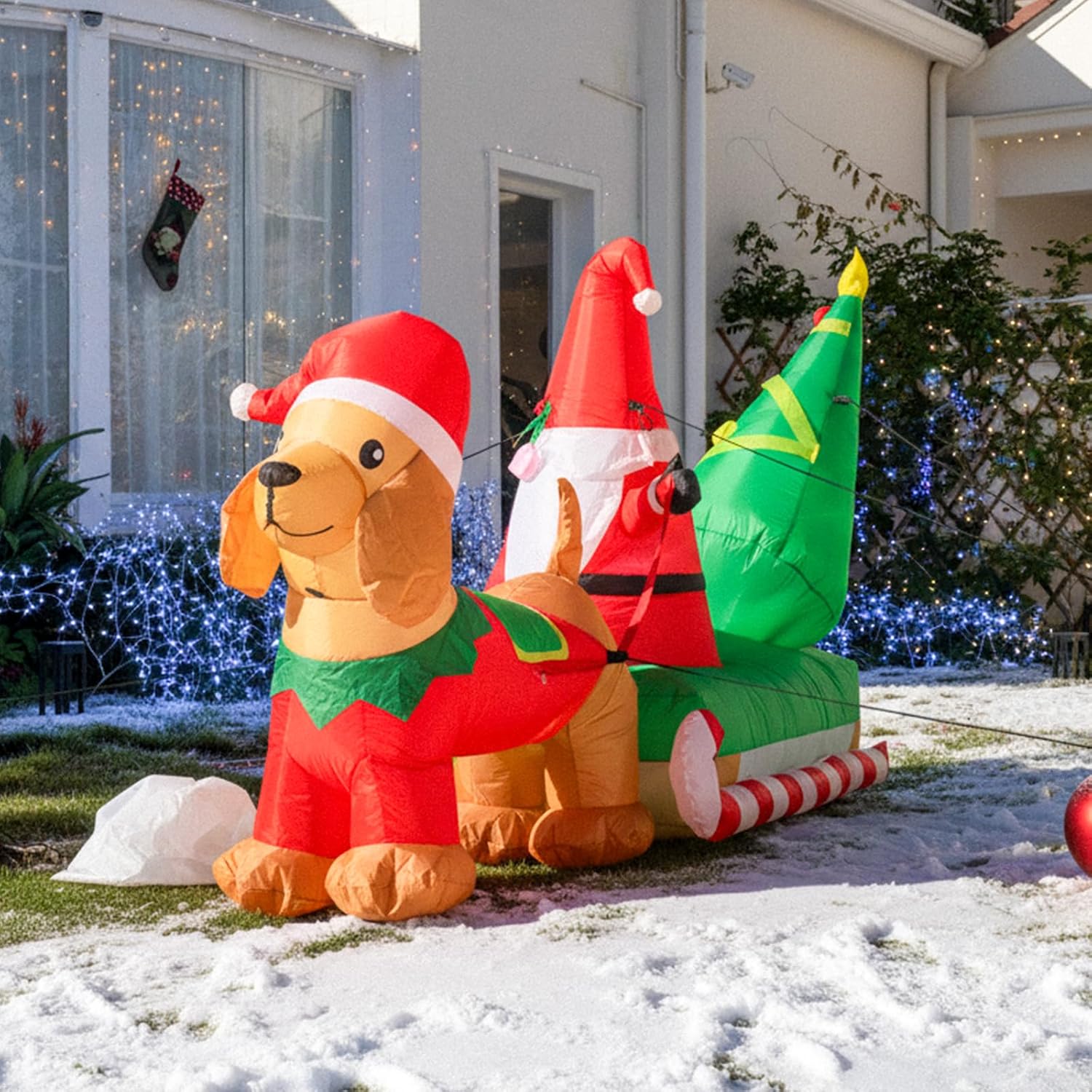 BLOOMWIN 8ft Long Gnome on Sleigh Christmas Inflatable Outdoor Decorations with Dachshund Weiner Dog Blow Up Yard Decor Built-in LED Lights