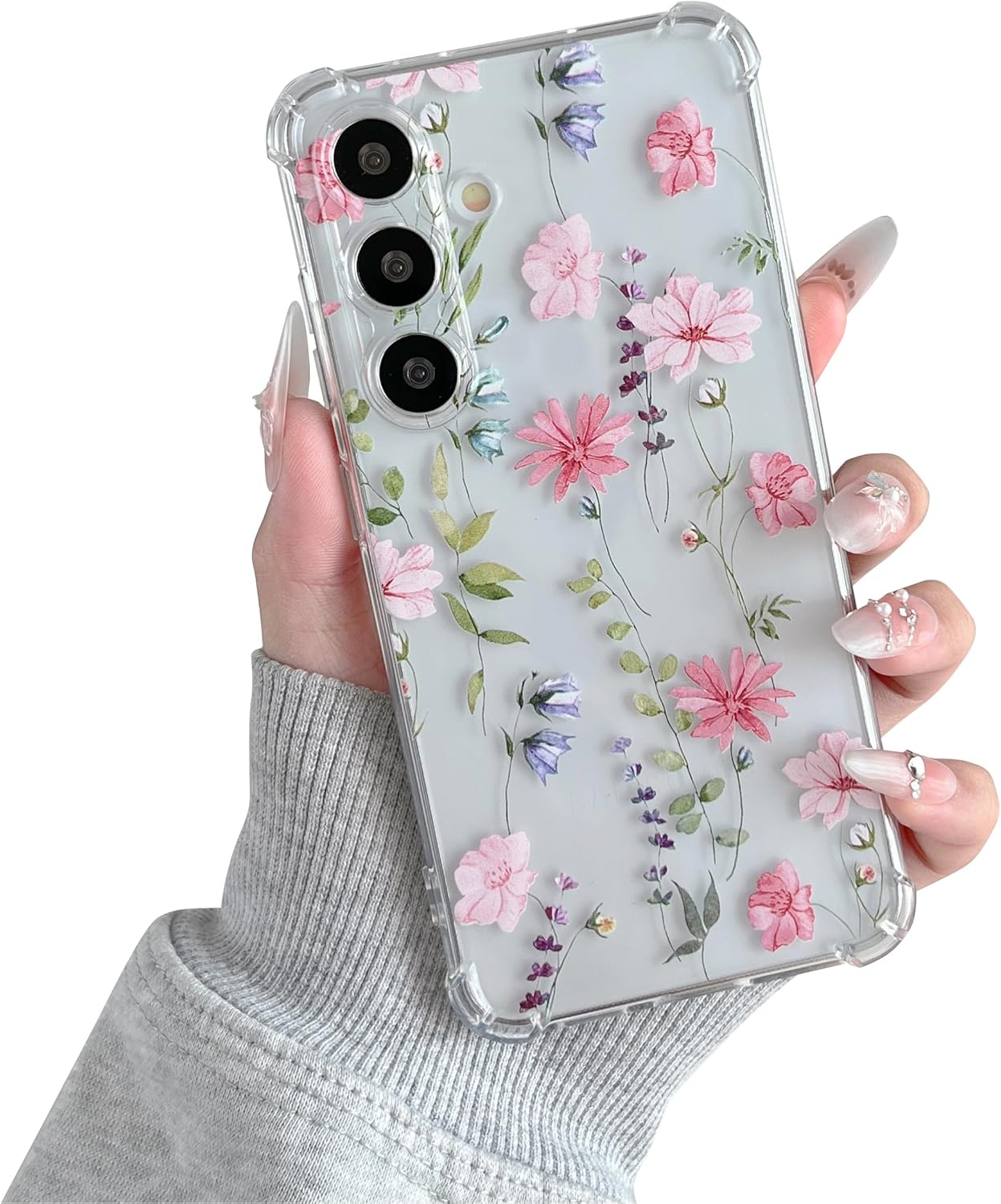DEFBSC Soft Case Compatible with Samsung Galaxy S25, Clear Floral Flower Pattern Print Design Flexible TPU Shockproof Cover for Women Girls, Flower Protective Phone Case,Pink Cosmos