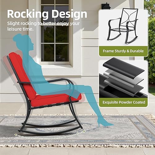 Miniatura 4 de SUNCROWN Mecedoras para exteriores juego de 3 piezas de bistró para patio muebles de acero negro con cojín grueso y mesa de centro con tapa de