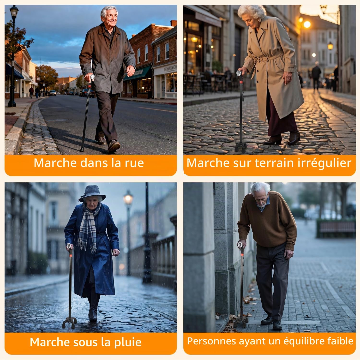 Canne à Pied 120 kg Capacité, Canne réglable en Hauteur avec Lampe de Poche LED et Alarme, Canne à Pied pour Les Personnes âgées et Les Adultes Qui Ont Besoin de Plus de Soutien.