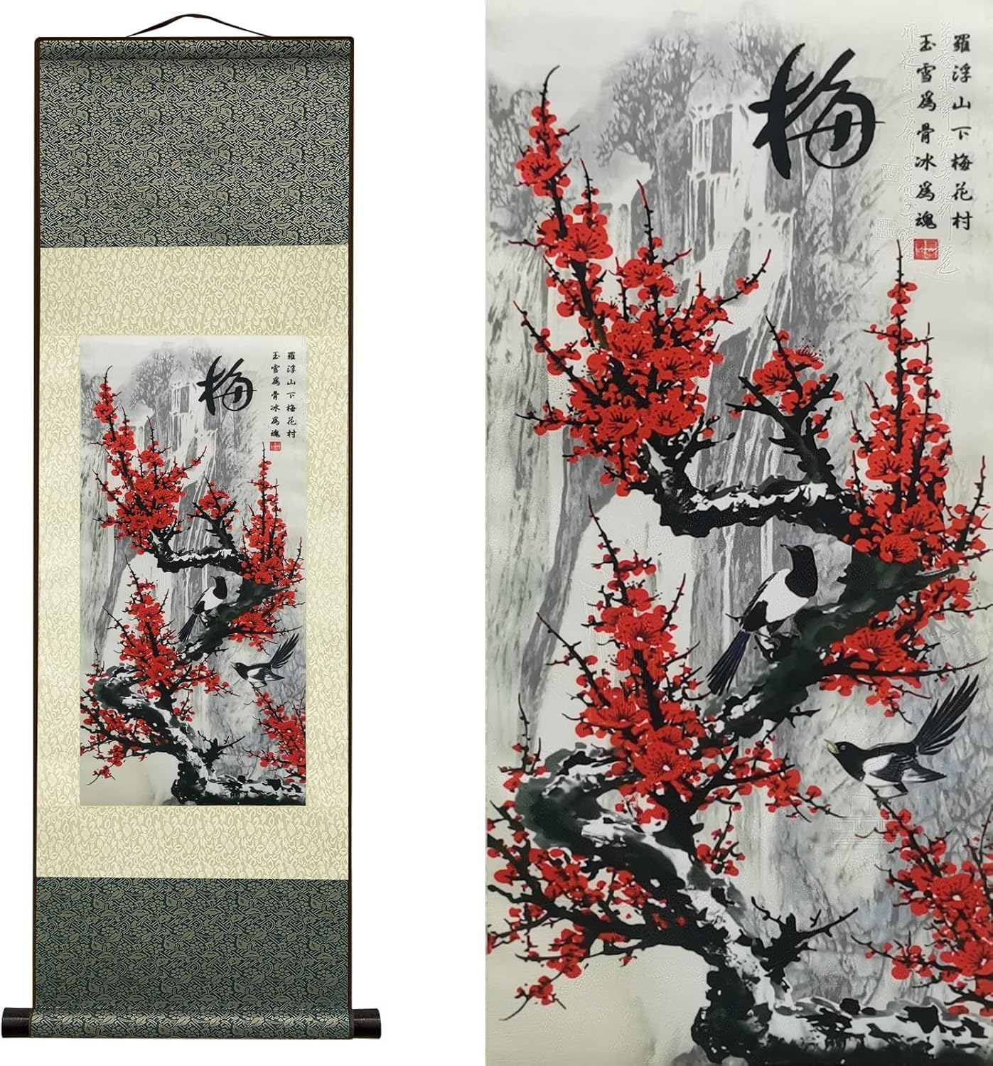 AtfArt Silk Scroll Painting Asian Wall Decor 4 Righteous Men Flowers - Plum Orchid Bamboo Chrysanthemum - Plum Beautiful Chinese Art Wall Scroll Hanging Painting Scroll Oriental Decor (36.2x12in)