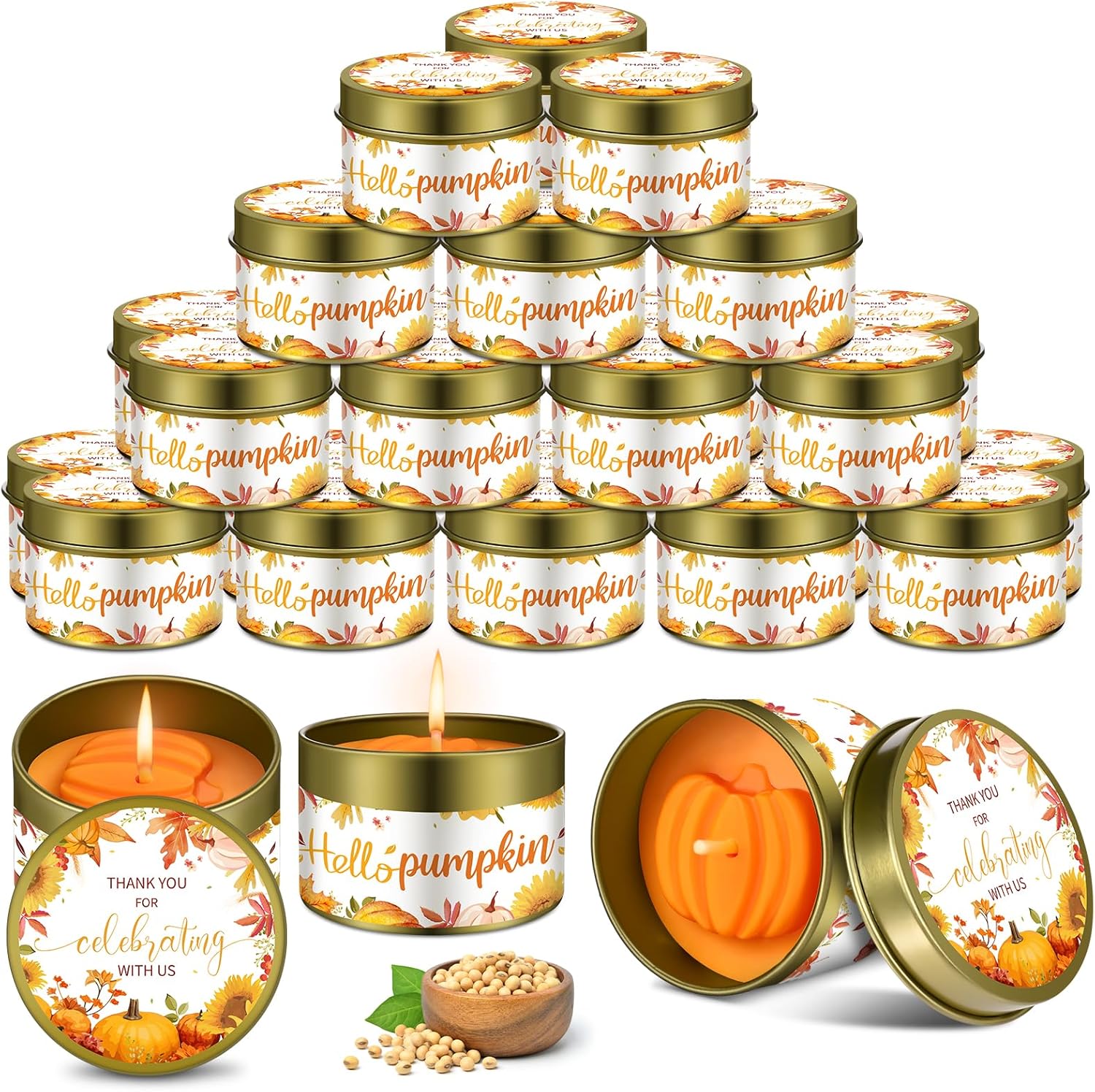 24 Pcs Fall Pumpkin Baby Shower Favors Hello Pumpkin Candles with Lid Autumn Tealight Candle Wedding Gender Reveal Baby Shower Thank You Gifts(1.2 Oz,Orange)
