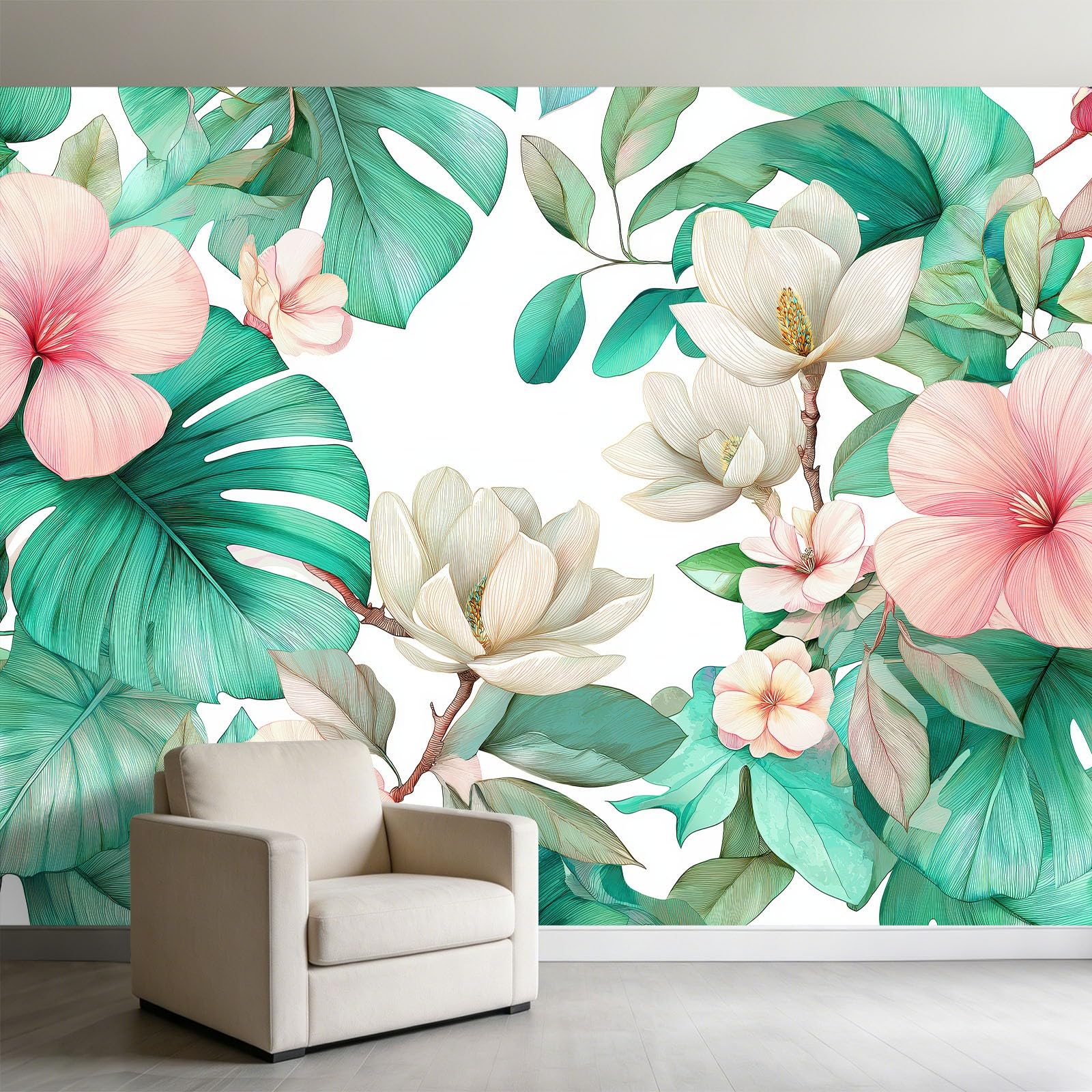 200 x 140 cm niebiesko-biała tapeta do pokoju dziecięcego, przedstawiający kwiaty Magnolia Liście Monstera Mural XXL plakat obrazy ścienne gobelin zdjęcie Trompe l'oeil do sypialni salonu kuchnia