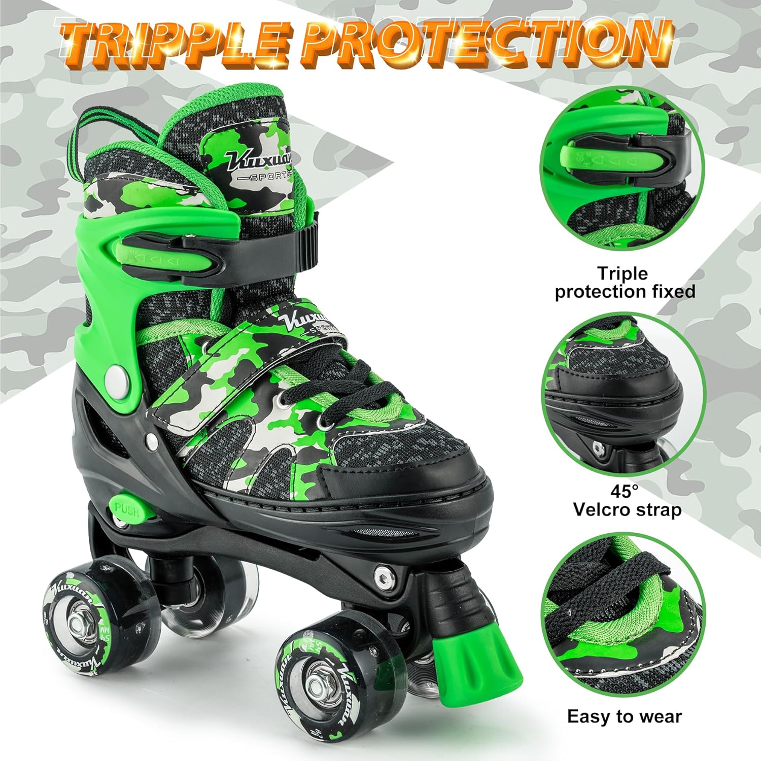Kuxuan Skates Boys and Girls Camo Adjustable Roller Skates with Light up Wheels, Fun Illuminating Rollerskate for Kids Girls Youth - Image 3