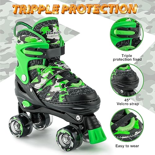 Miniatura 3 de Kuxuan Skates Boys and Girls Camo Adjustable Roller Skates with Light up Wheels, Fun Illuminating Rollerskate for Kids Girls Youth Verde,negro (Camo