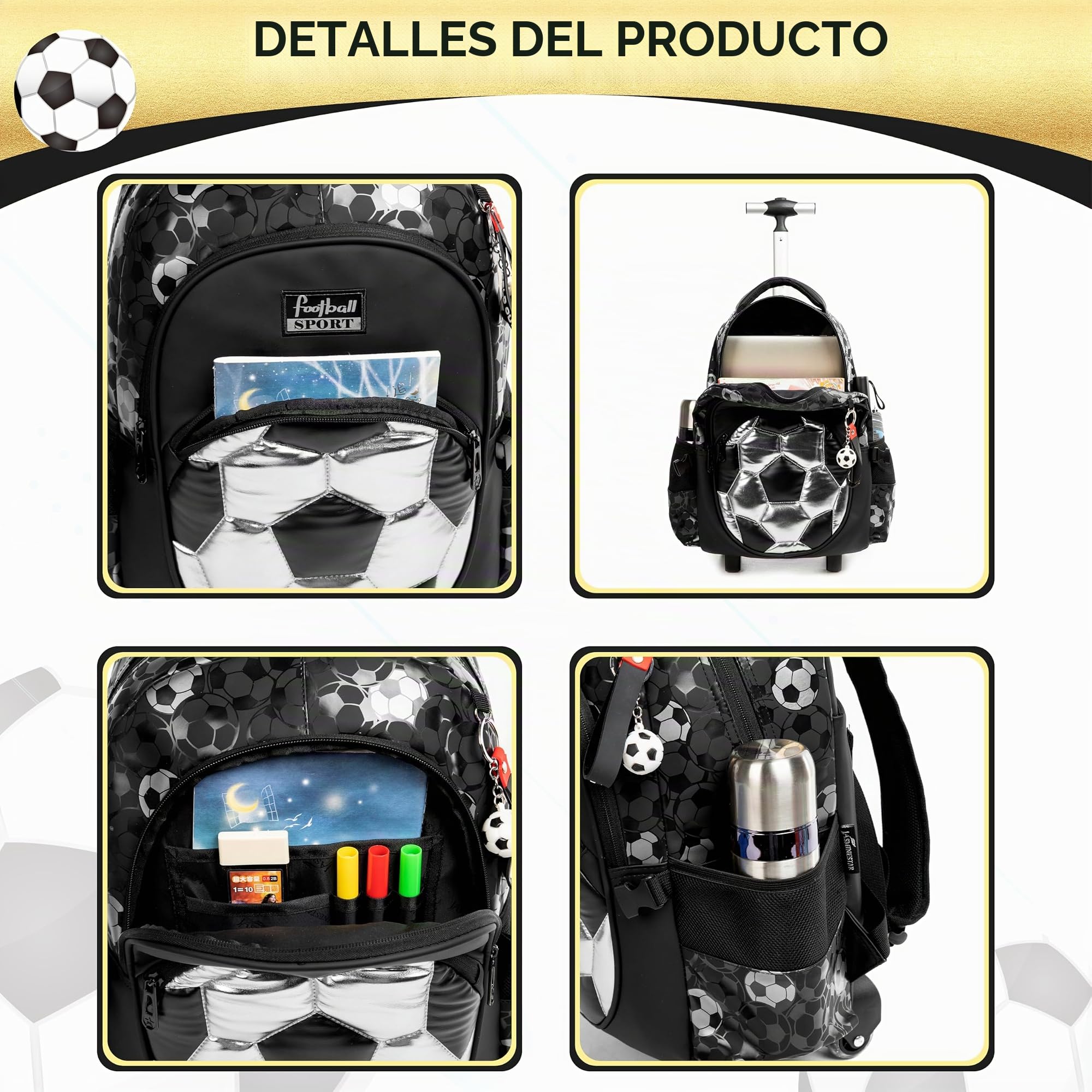 HTgroce fútbol Mochila Chico Escolar con Ruedas,Niños Trolley Escolar Estudiantes de Primaria Carros para Mochilas Bolsa de Almuerzo Estuche Escolares Equipaje de Viaje