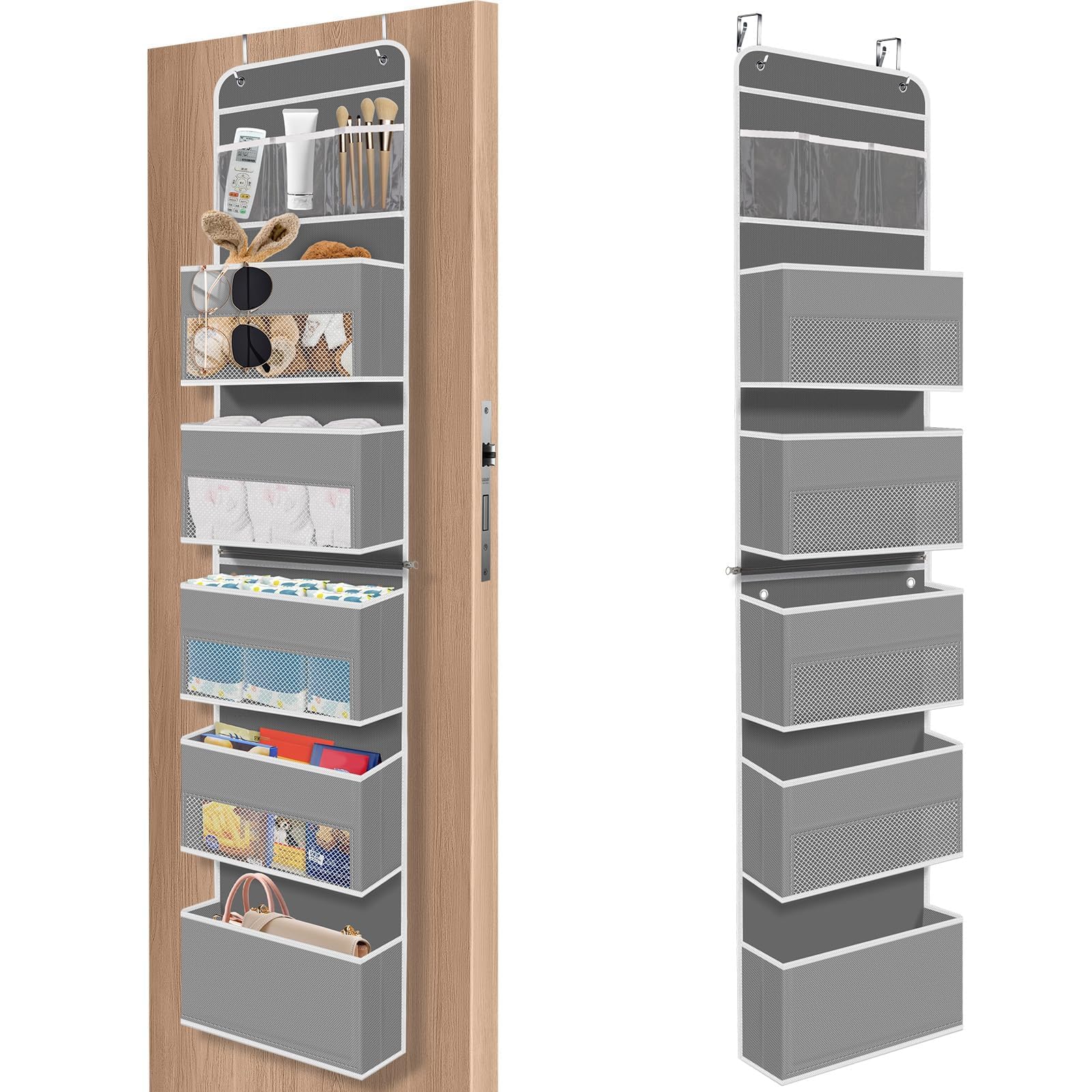 1Pack Over The Door Organizer Large Capacity Hanging Storage Room Organizer | 40 lb Capacity, Ultra-Sturdy, Detachable, Mesh Design with Clear Window, Space-Saving Organizer for Pantry, Nursery & Closet Grey 6-Tier