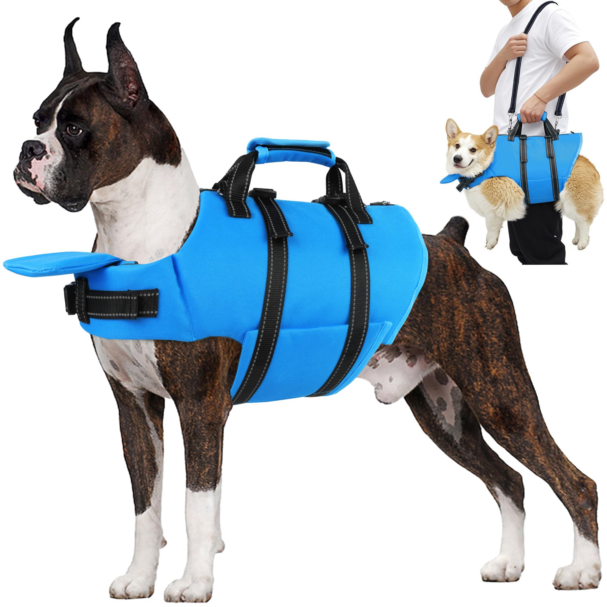 Petglad Dog Life Jacket with 4ft Leash, Reflective Pet Life Vest with Zipper and Handle for Swimming Boating, Adjustable High Buoyancy Floatation Swim