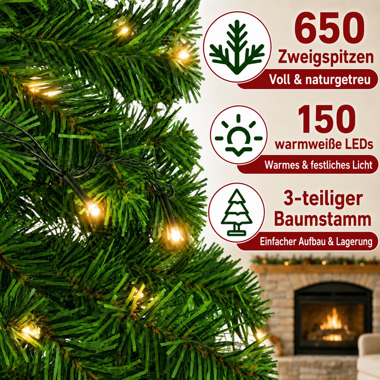 Sapin de Noël artificiel 180 cm, 150 LED et 650 pointes