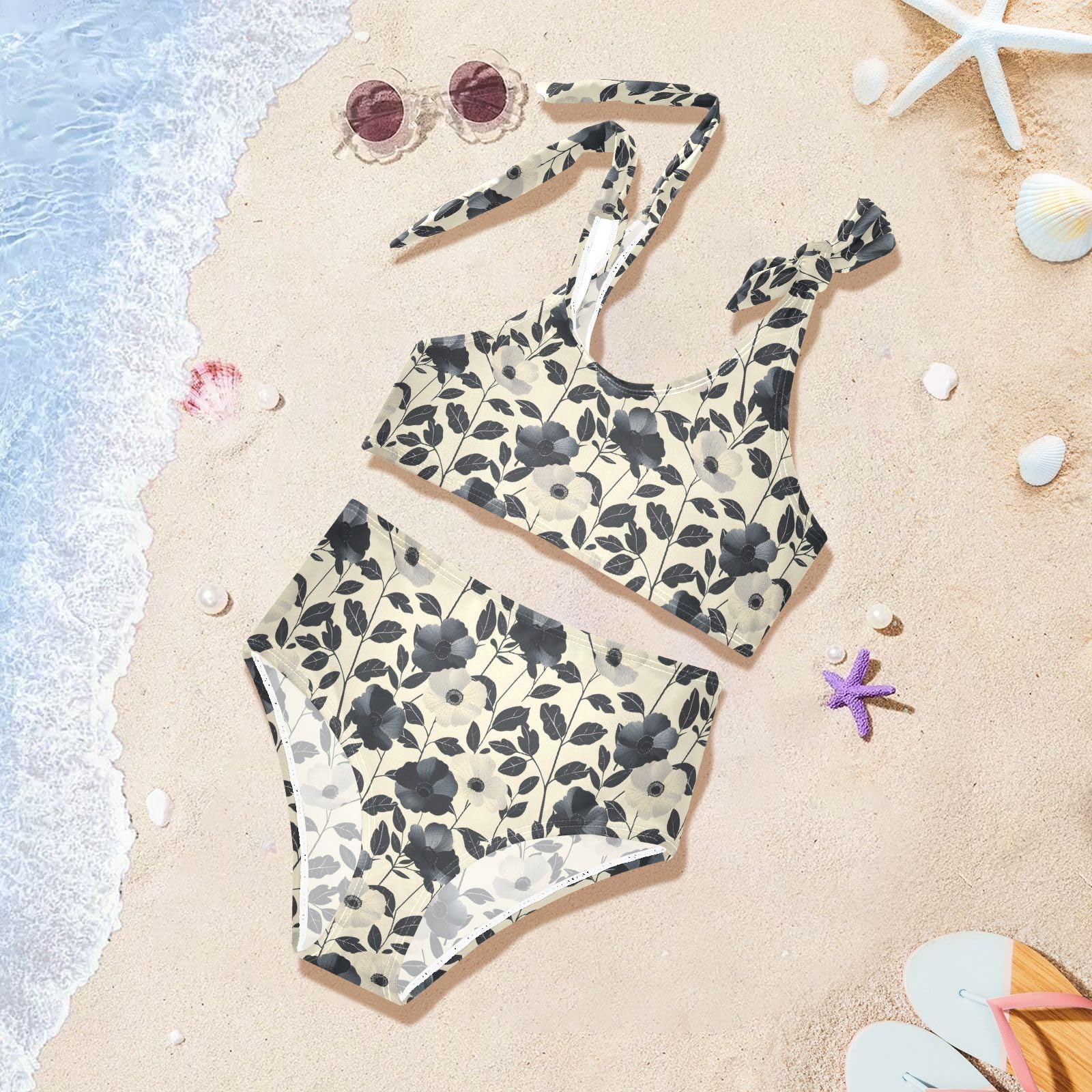 Black Leaves Flower Girls Tankini Swim Set, Two Piece Swimsuits Summer Bikini Swimwear Set for Girls, 4T