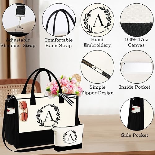 Miniatura 3 de Bolsa de lona con inicial, bolsa de playa, bolsa de maquillaje con cremallera, regalos personalizados para profesores, amigas, regalos de cumpleaños