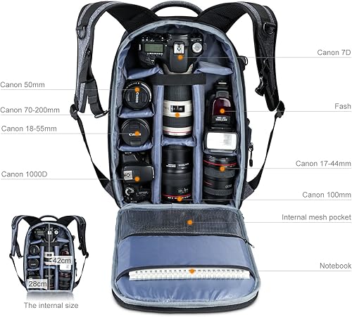 Miniatura 12 de K&F Concept Mochila profesional para cámara, bolsa de fotografía de gran tamaño, compatible con cámara DSLR, color gris